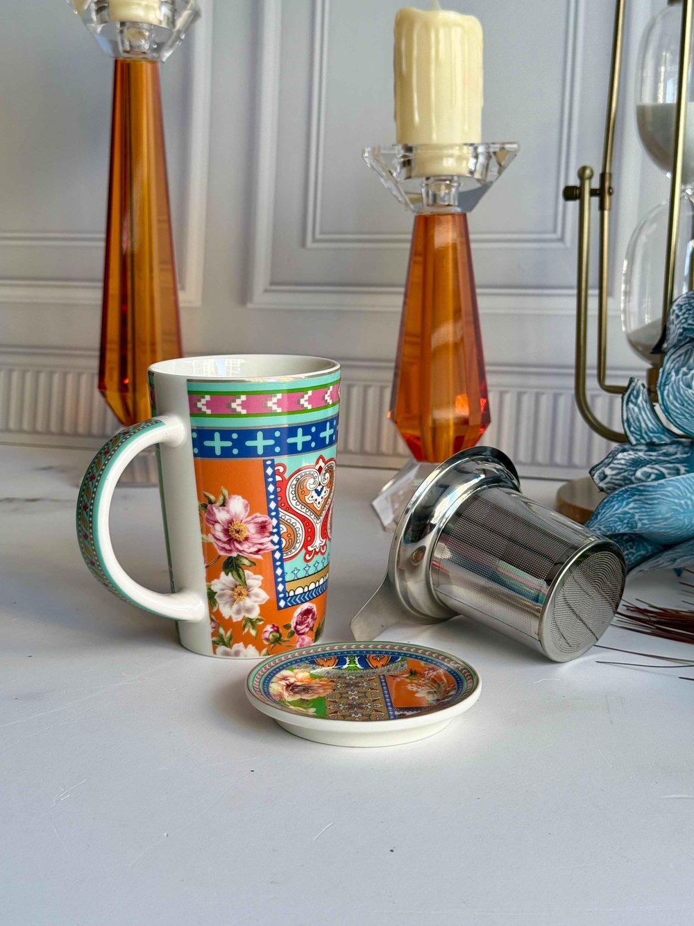 Süzgeçli Bitki Çayı Kupası 3 Parça Floral 300ml