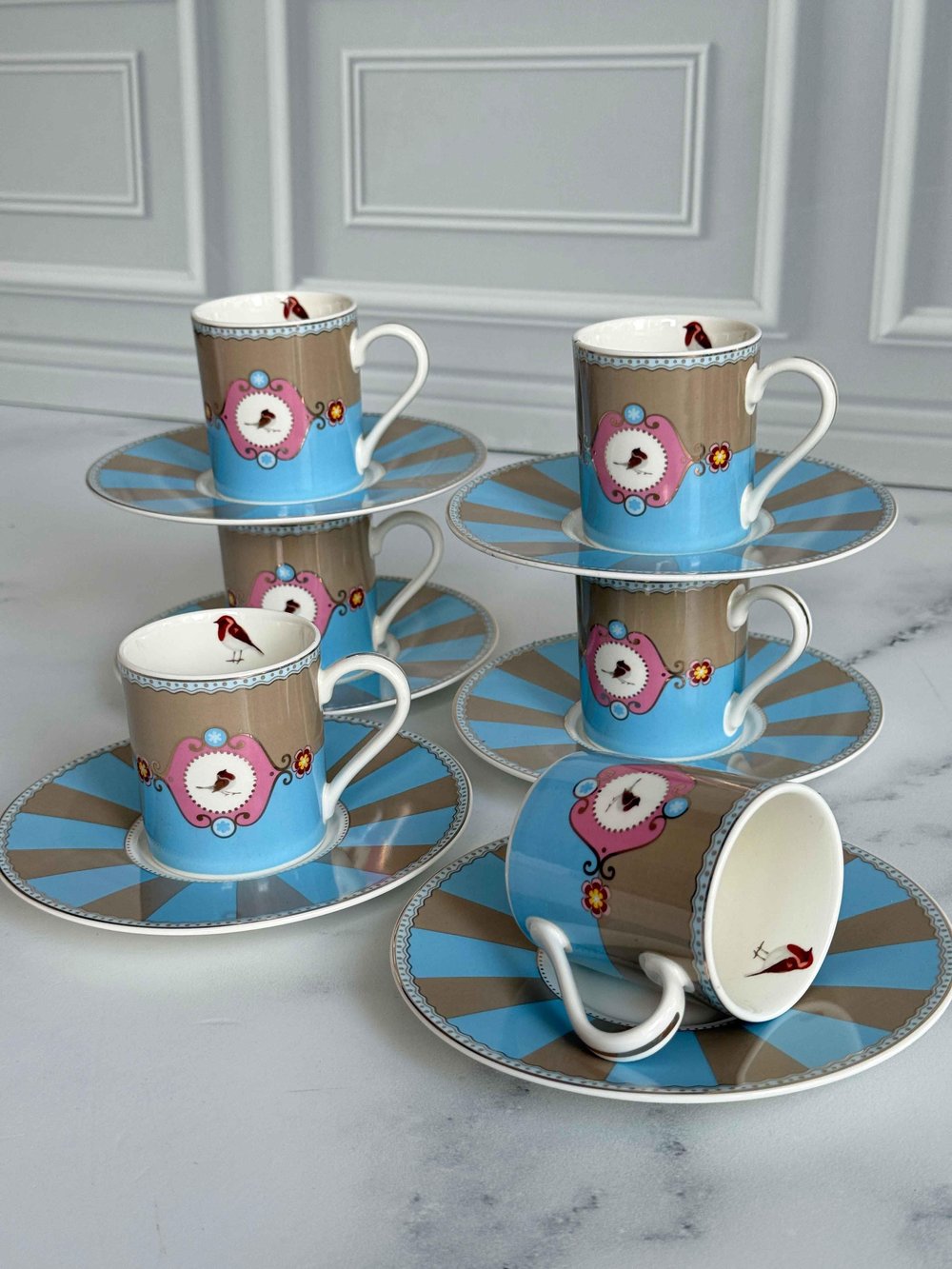 Türk Kahve Fincanı Bird Blue 6 Kişilik 12 Parça