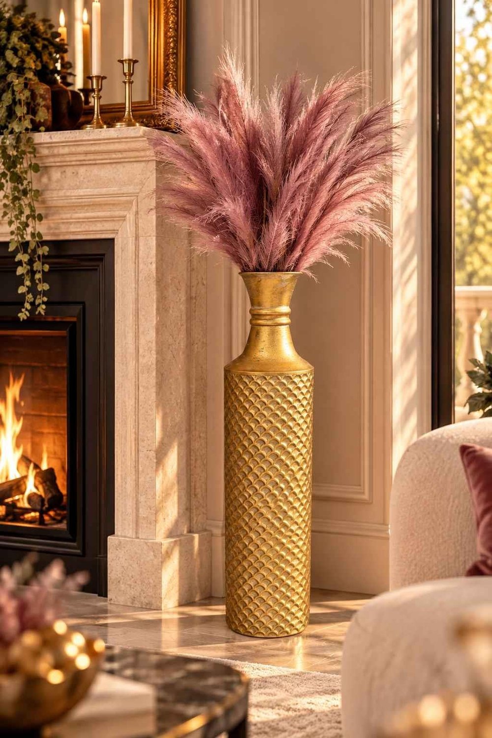Vazo Eskitme Metal Gold Detaylı Dekoratif 83cm