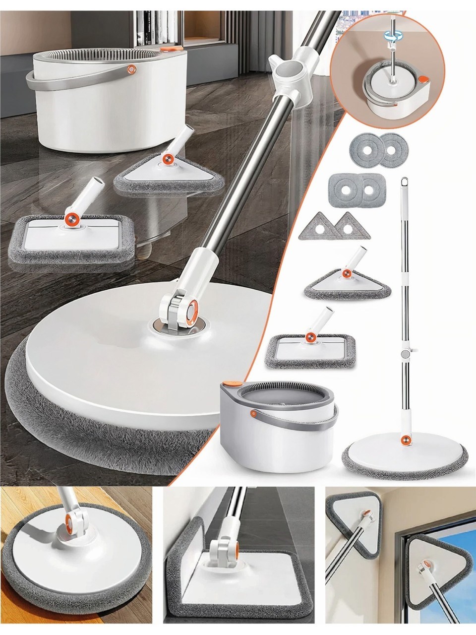 Yeni Tasarım Otomatik 360° Döner Mop ve Temizlik Seti, 3 Başlıklı Paspas Mop
