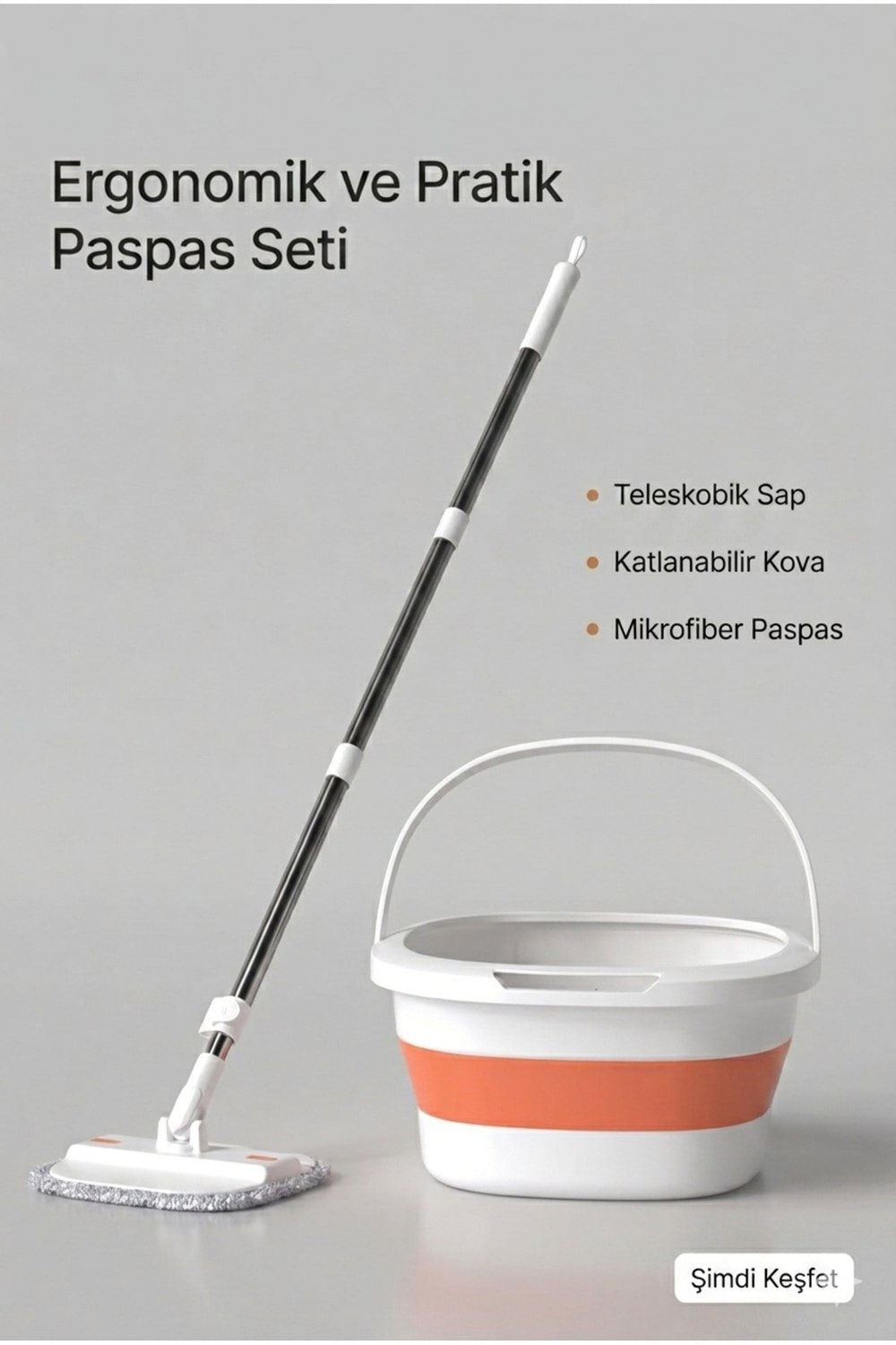 Yer Tasarruflu Katlanabilir Mop ve Kova Seti 360 Derece Dönen Üçgen Başlıklı Kendinden Sıkmalı Döndürmeli Mop