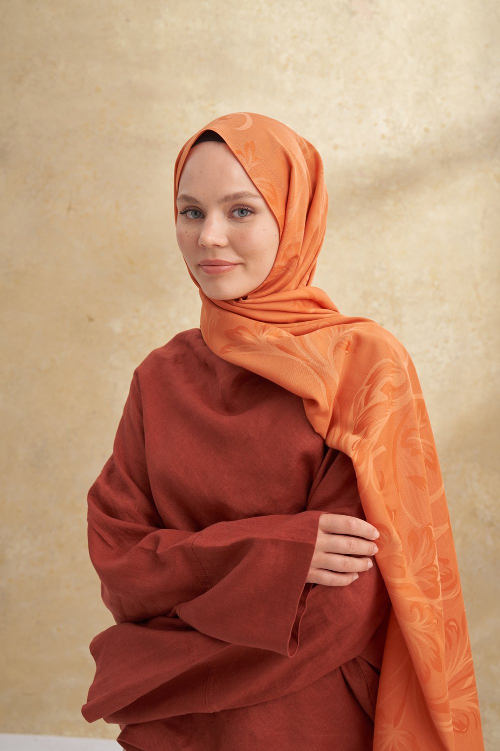BAMBU BAROQ DESEN ŞAL - KİREMİT