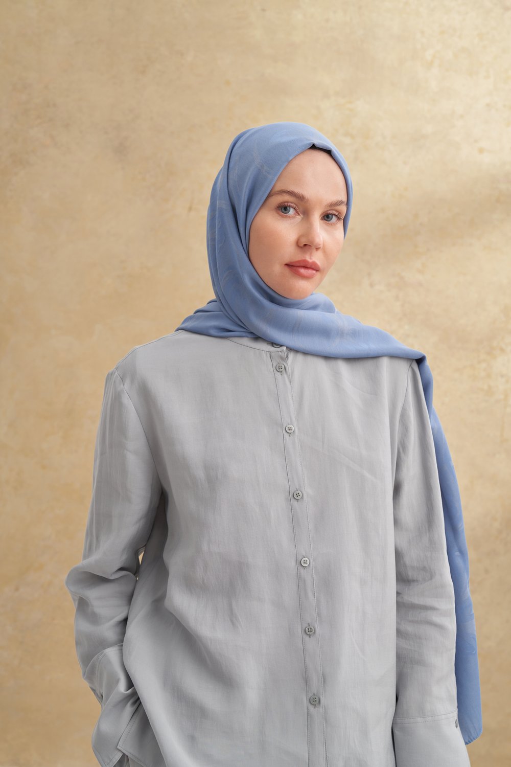 BAMBU BAROQ DESEN ŞAL -  KOT MAVİSİ