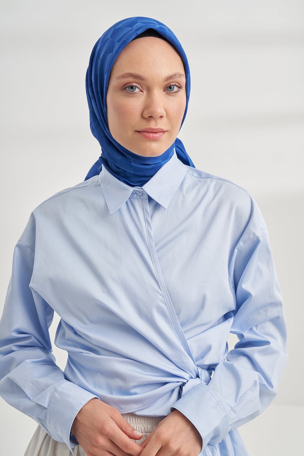 COTTON MONOGRAM GEOMETRİK DESEN EŞARP - SAKS