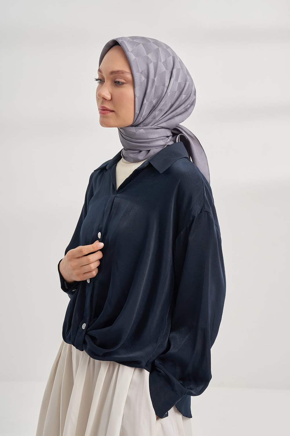 COTTON MONOGRAM GEOMETRİK DESEN EŞARP - KOYU GRİ