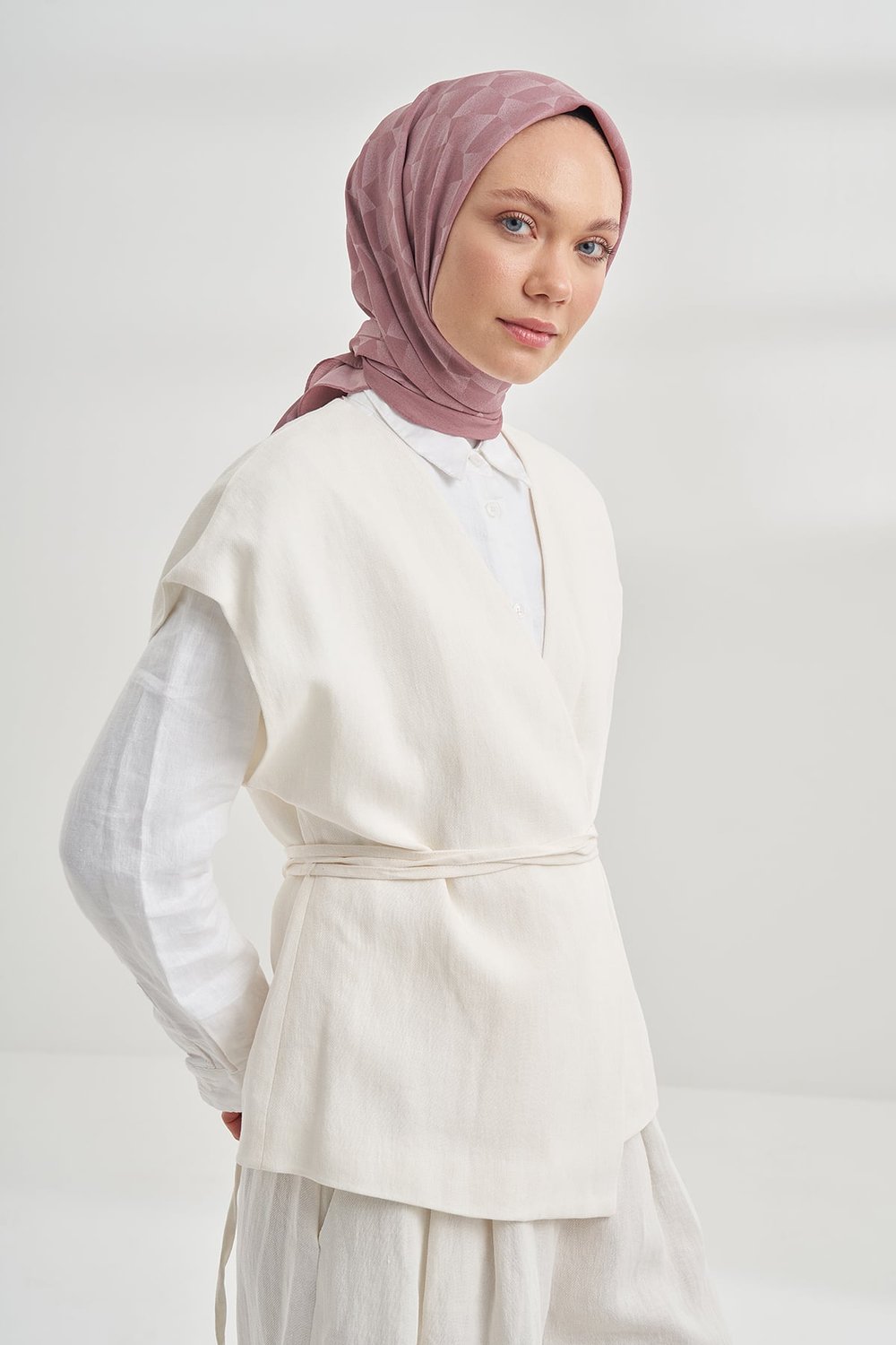 COTTON MONOGRAM GEOMETRİK DESEN EŞARP - PUDRA