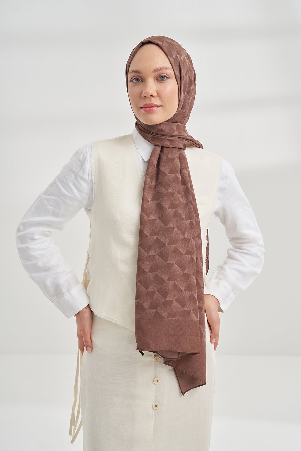 COTTON MONOGRAM GEOMETRİK DESEN ŞAL - KAHVE