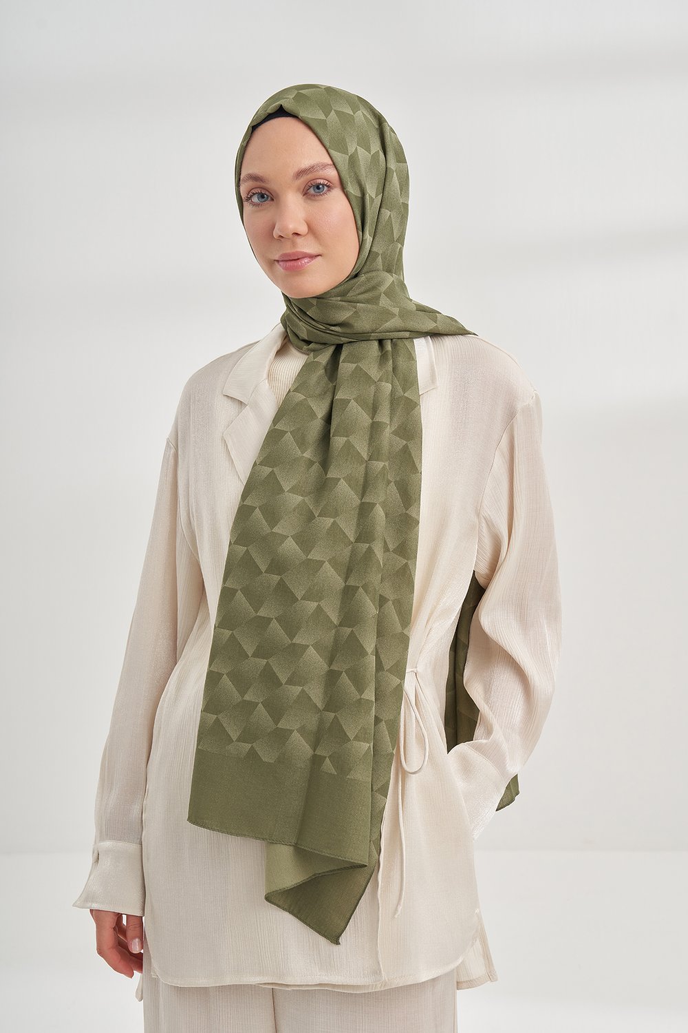 COTTON MONOGRAM GEOMETRİK DESEN ŞAL - KETEN YEŞİLİ