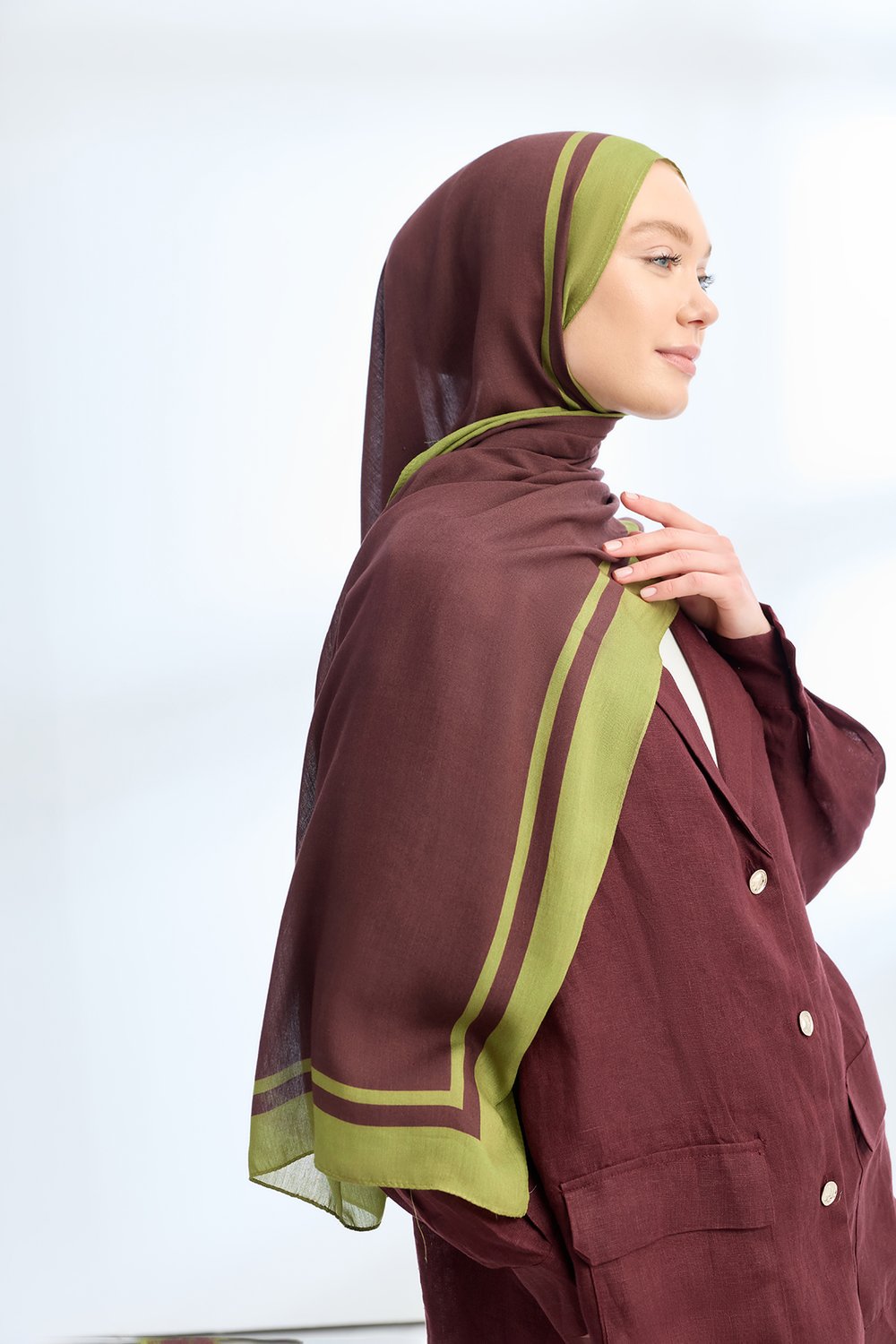 ELEGANT HARMONY FRAME DESEN ŞAL - BORDO - YAĞ YEŞİLİ