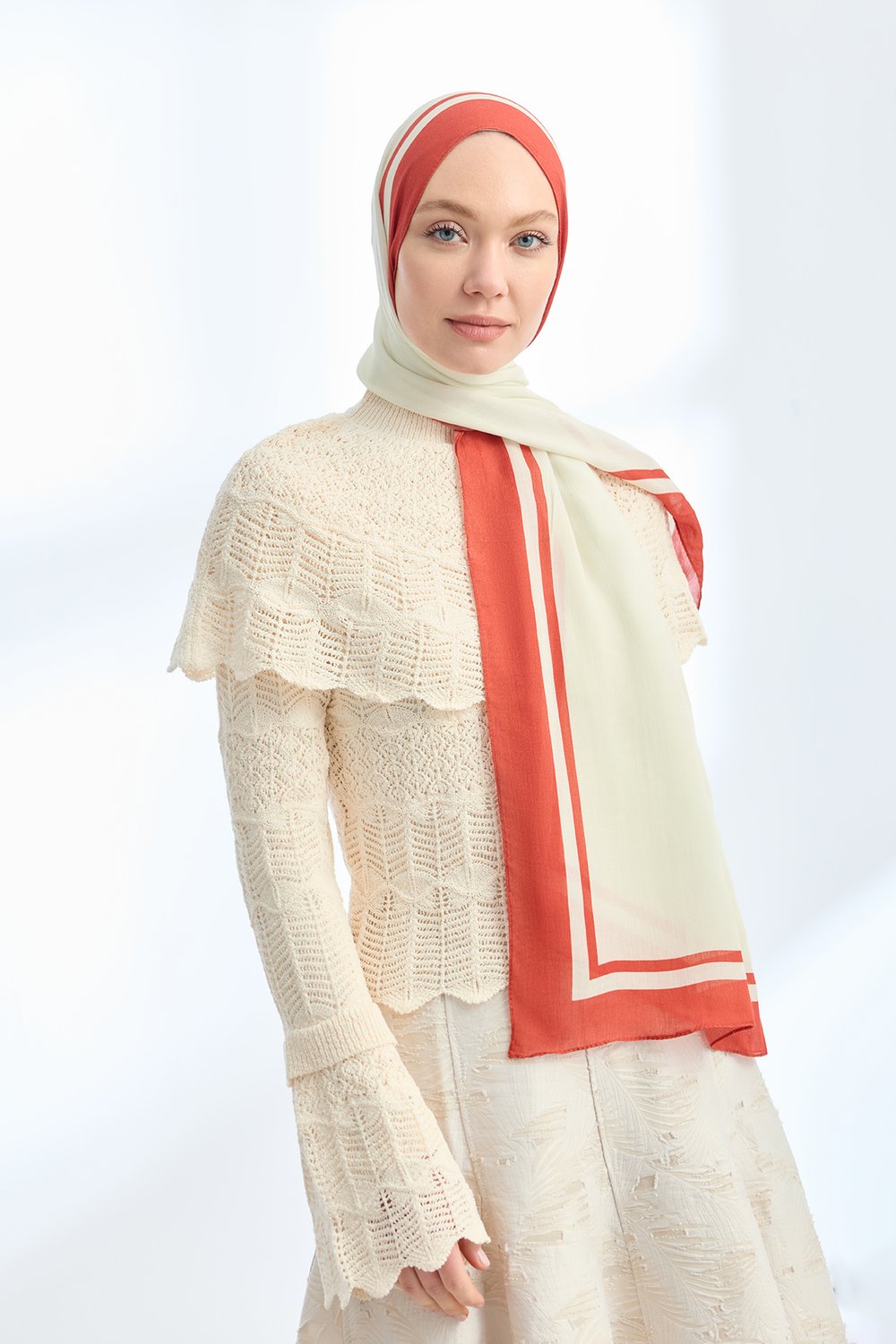 ELEGANT HARMONY FRAME DESEN ŞAL - KREM - KİREMİT