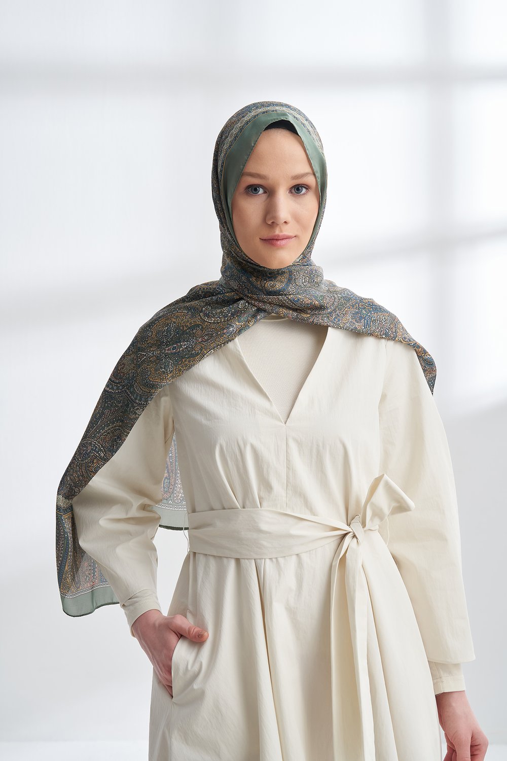 ETHNIC VUAL VINTAGE DESEN ŞAL - KETEN YEŞİLİ