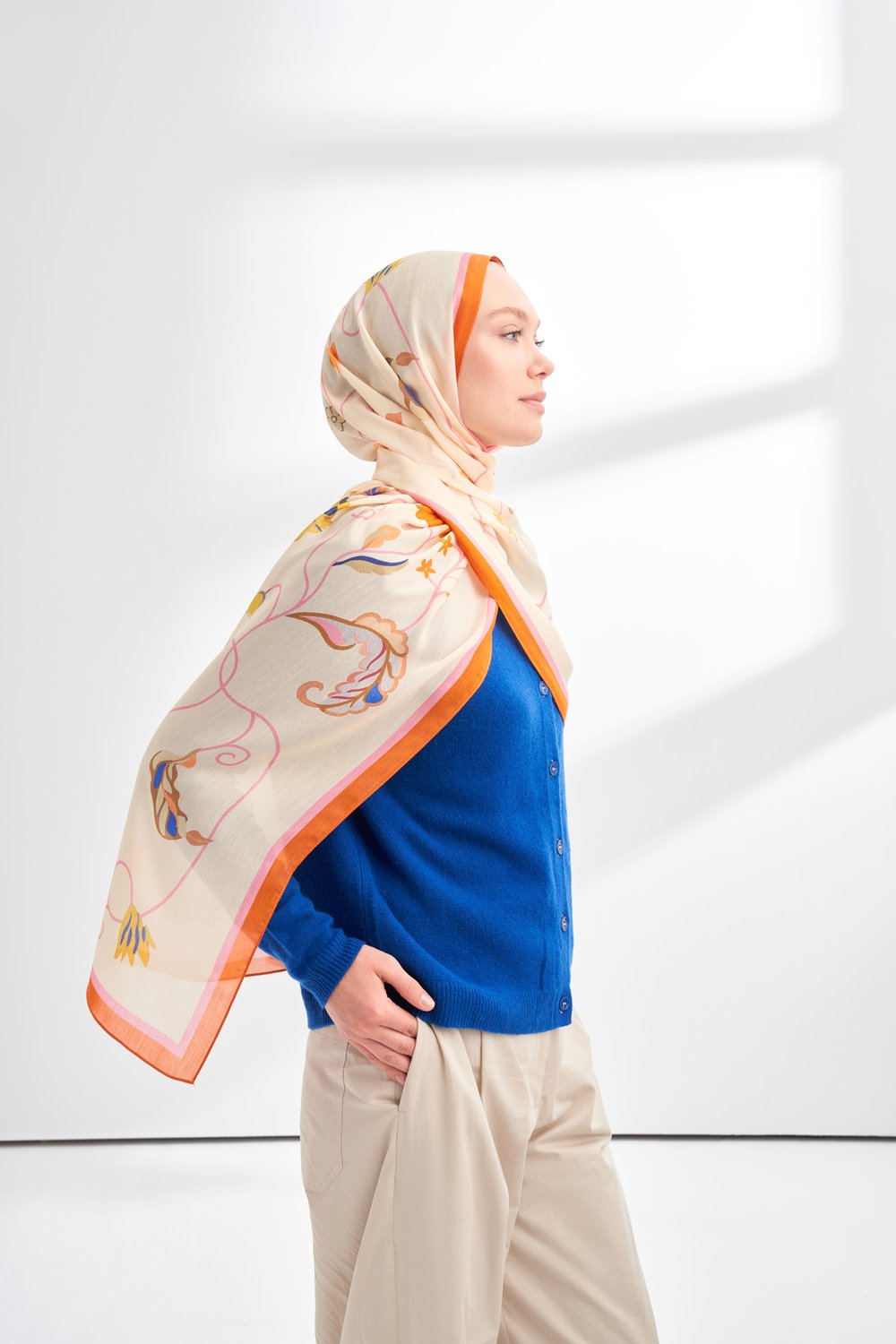 FLORAL ARCHIVE FIORA DESEN ŞAL -  ORANGE - KREM