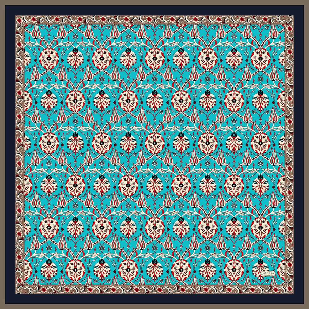 HATAI DESEN SATEN İPEK EŞARP - LACİVERT - AQUA