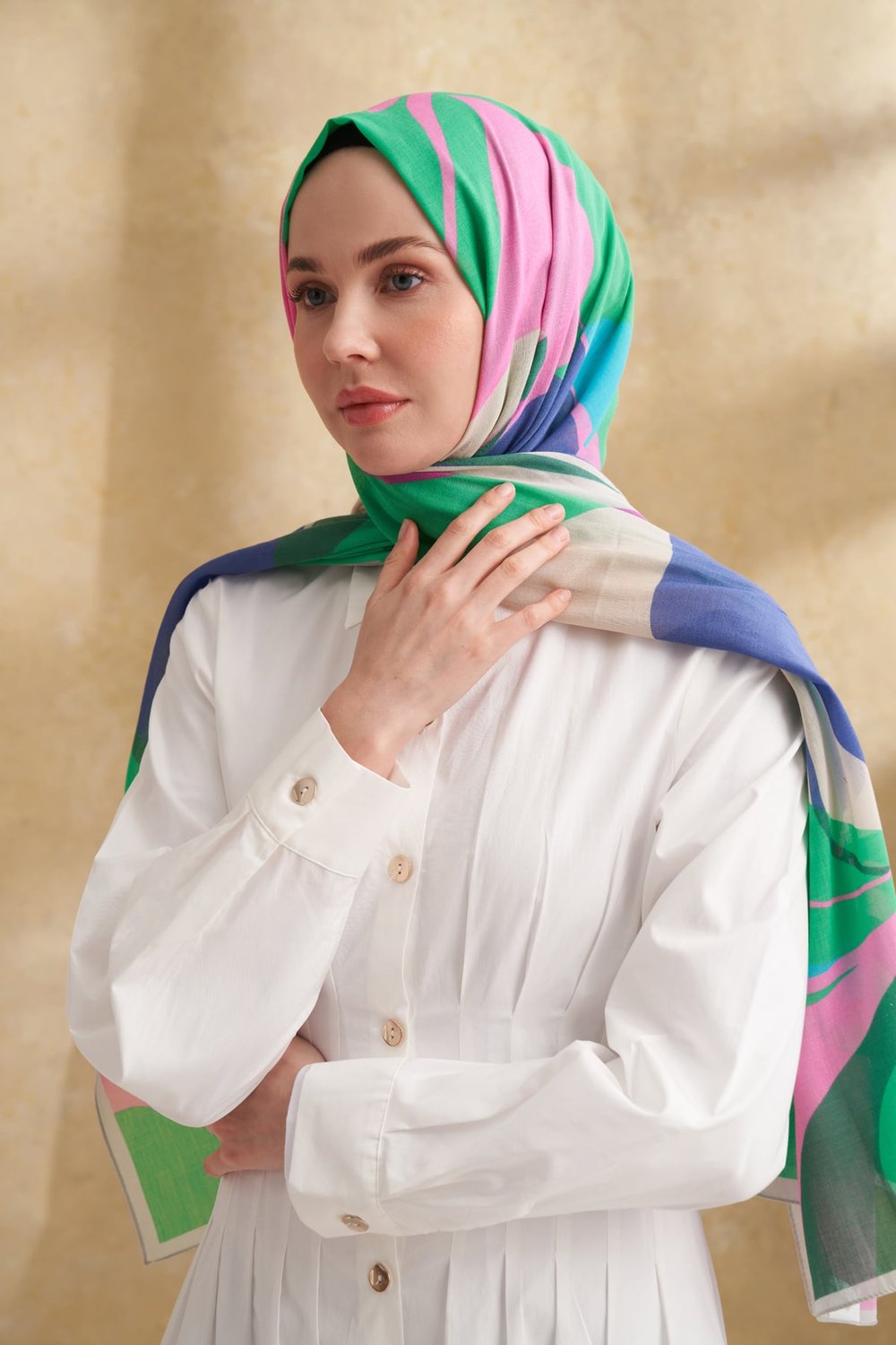 İPEK PAMUK SARAH DESEN ŞAL - SAKS - BENETTON
