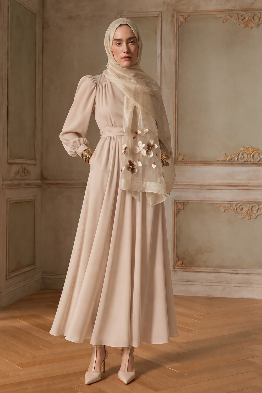 İPEKLİ BELLE DESEN ŞAL - BEJ