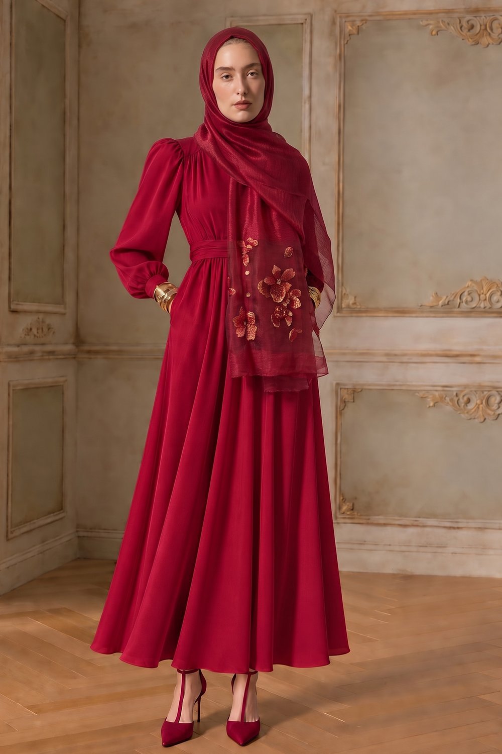 İPEKLİ BELLE DESEN ŞAL - BORDO