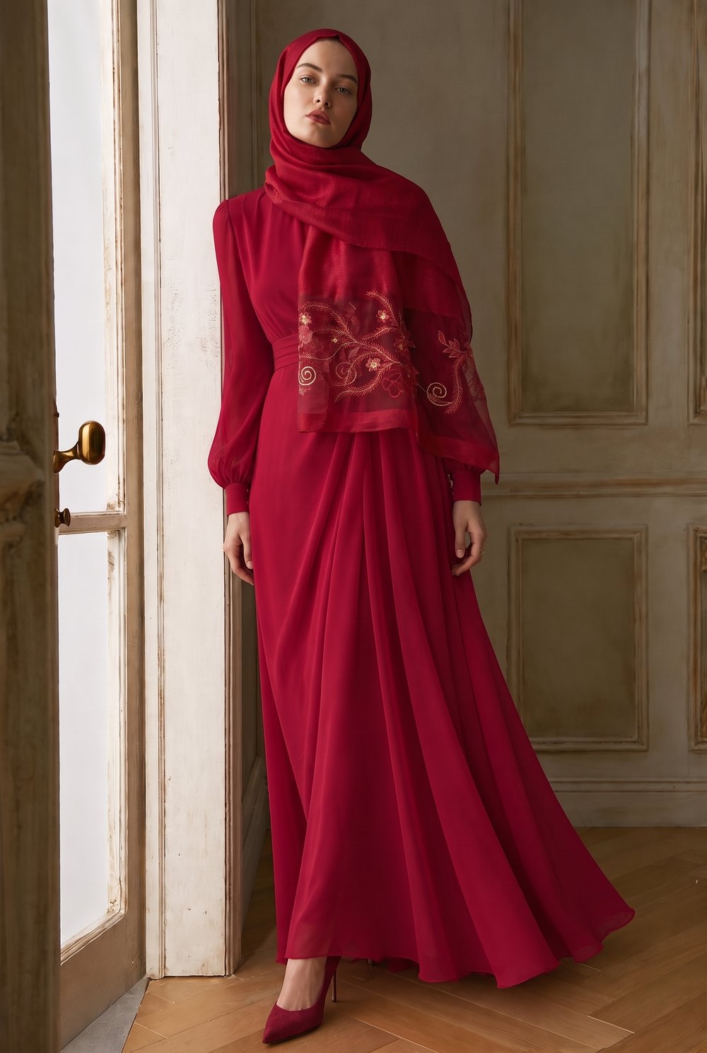 İPEKLİ CAMELLIA DESEN ŞAL - BORDO