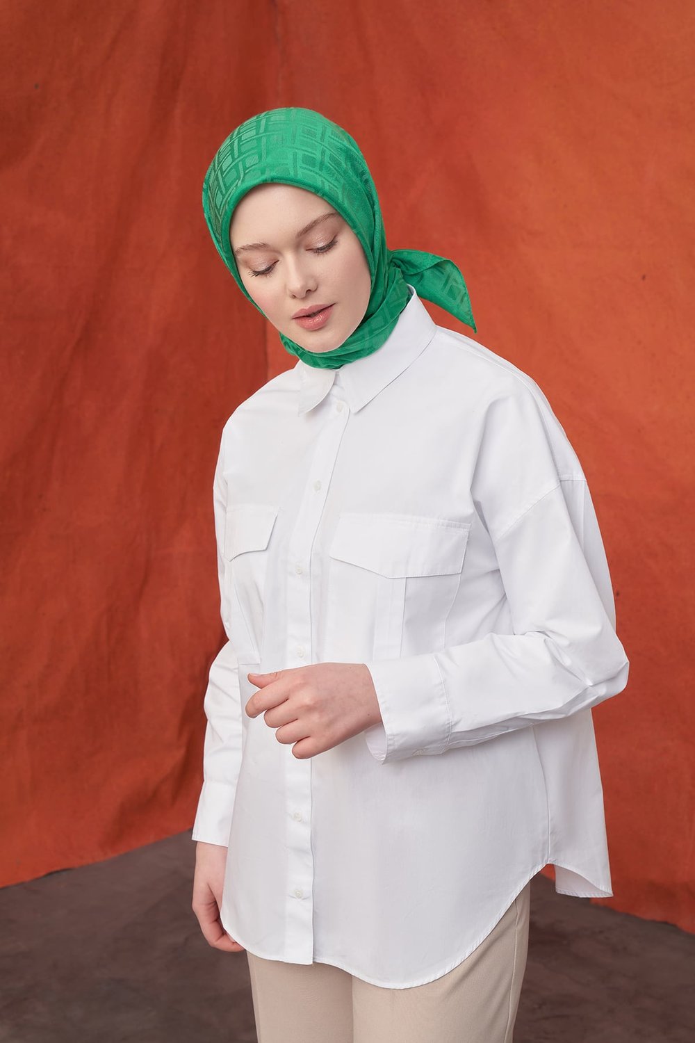 İTALYAN JAKAR GEOMETRİK DESEN EŞARP - BENETTON YEŞİLİ