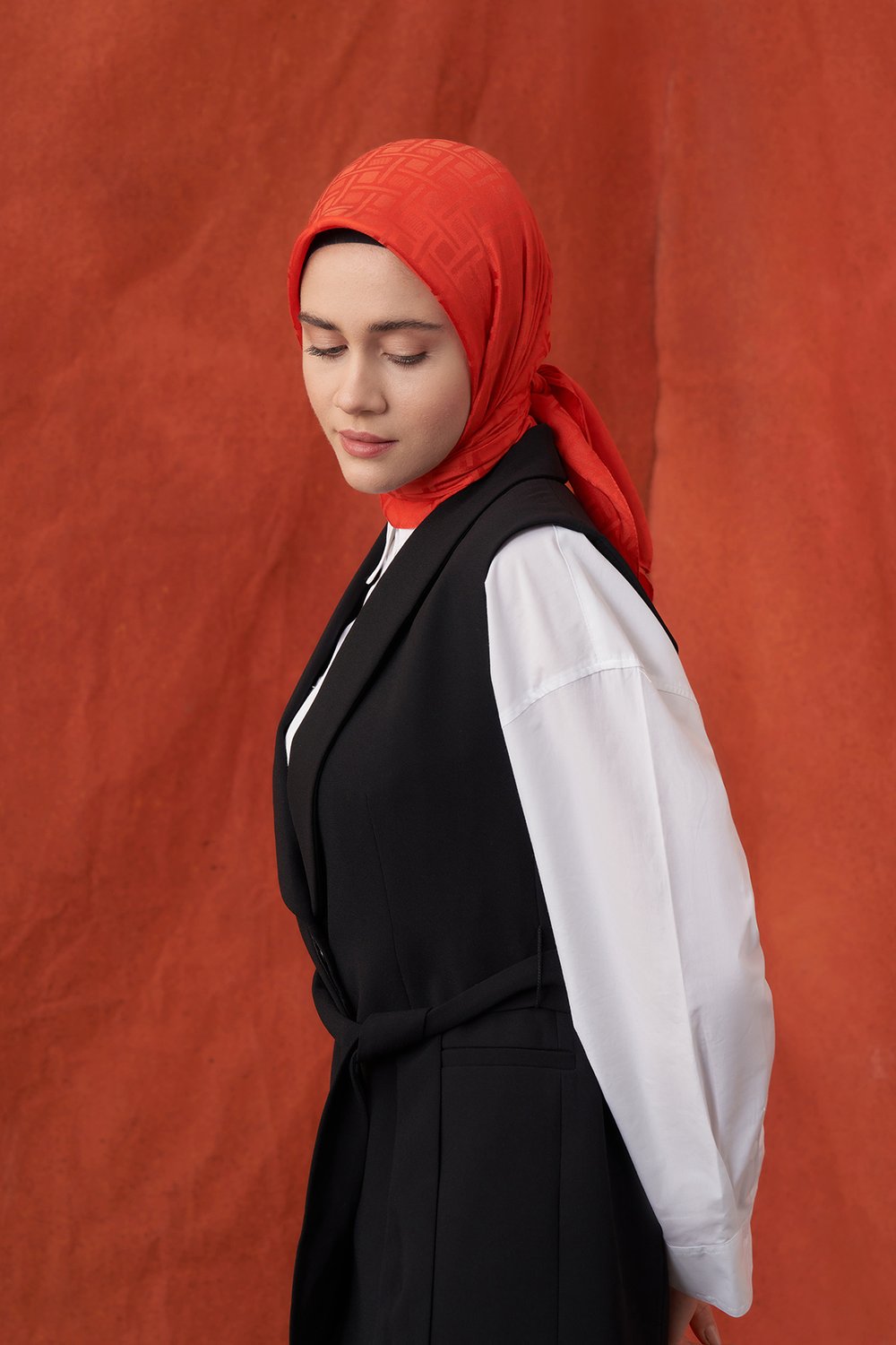 İTALYAN JAKAR GEOMETRİK DESEN EŞARP - ORANGE