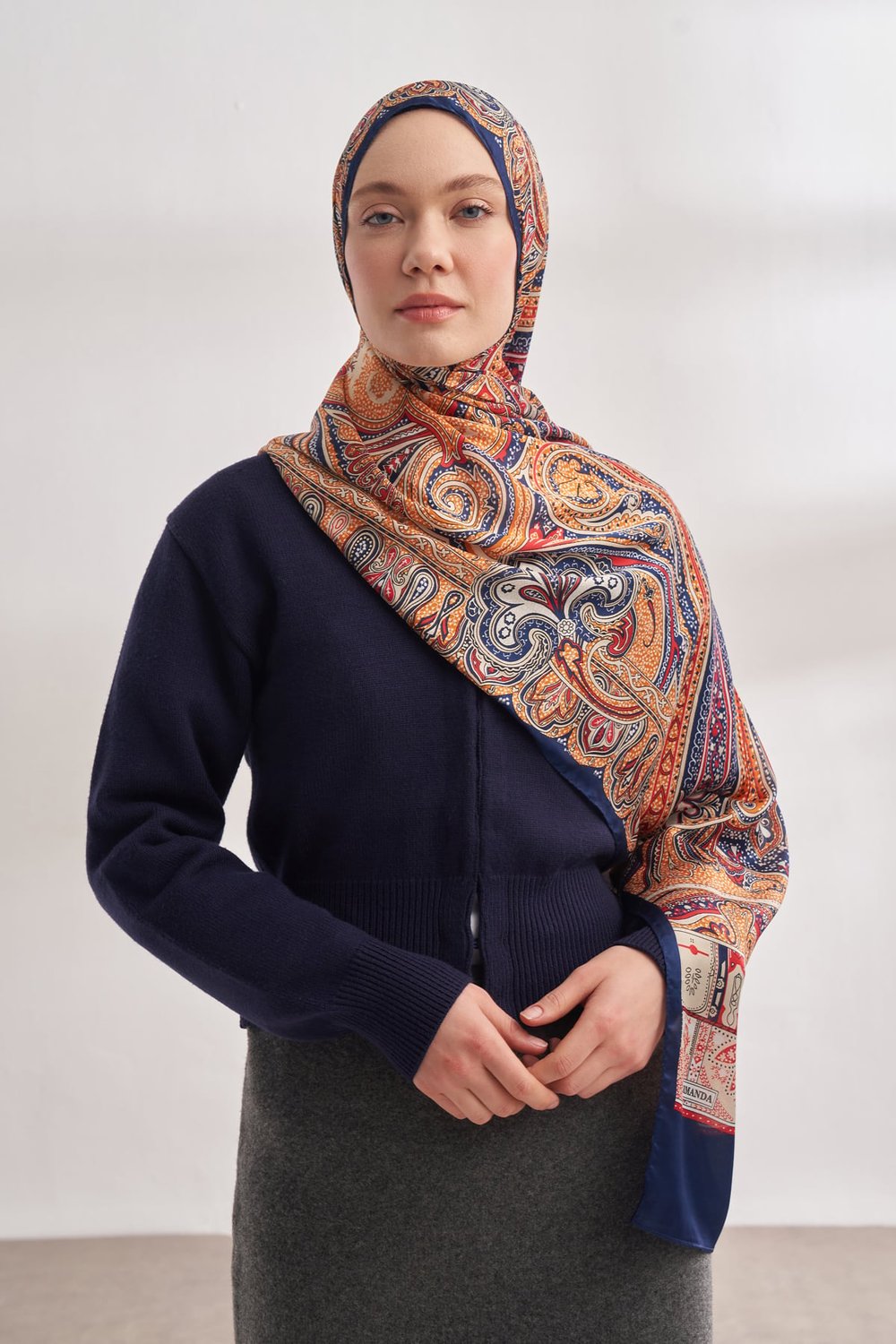 İTHAL VUAL BOHEMIAN DESEN ŞAL - LACİVERT-DORE