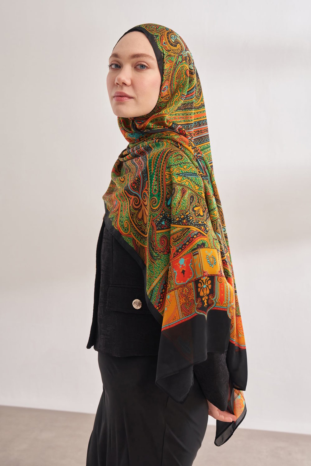 İTHAL VUAL BOHEMIAN DESEN ŞAL - SİYAH-ORANGE