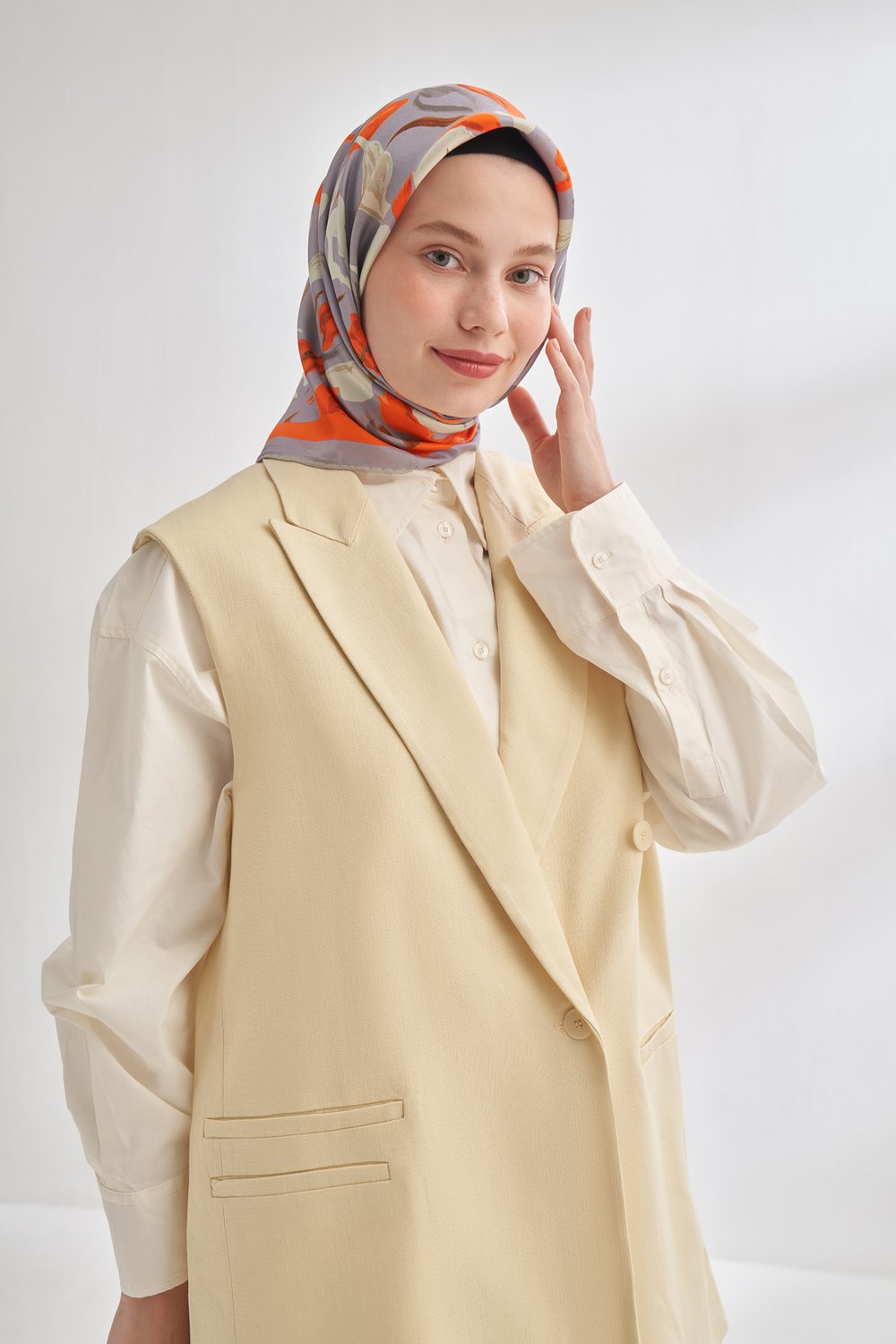 LUNASS DESEN TWILL İPEK EŞARP - GRİ-ORANGE
