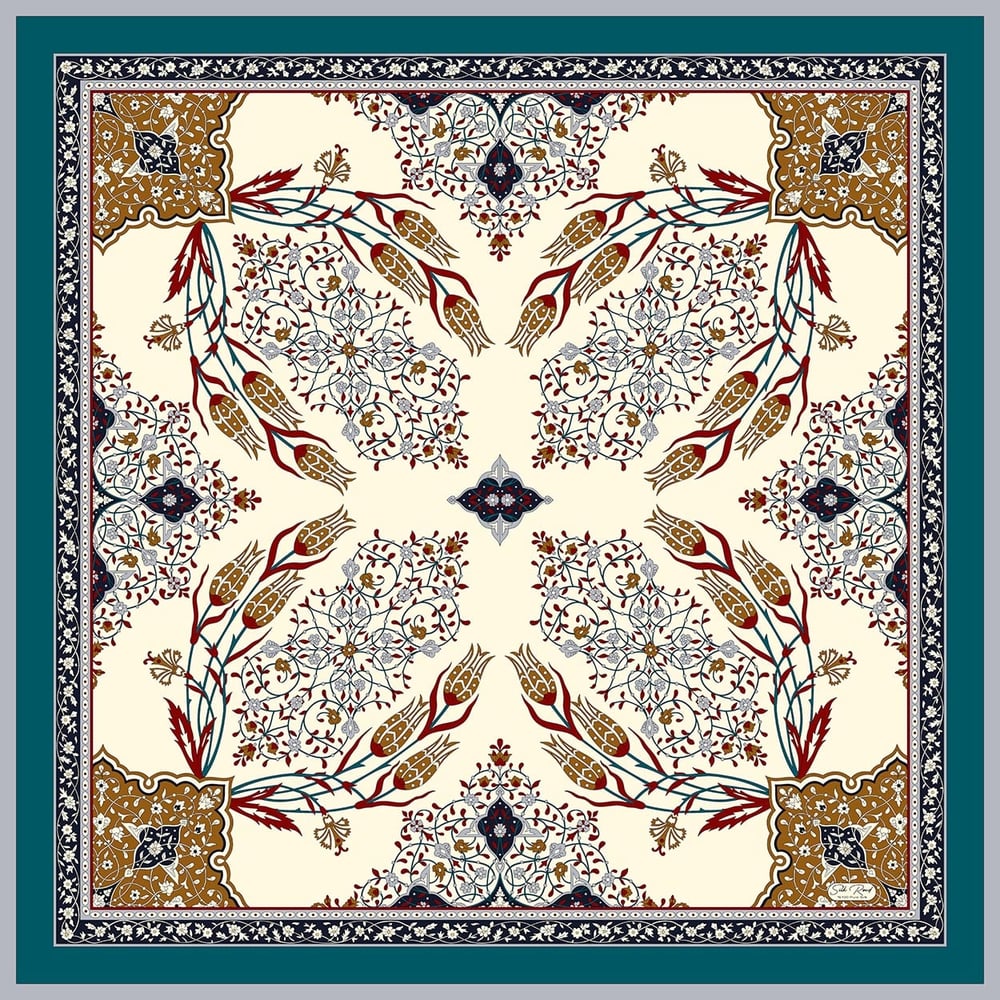 MIHRAB DESEN SATEN İPEK EŞARP - DORE - KREM
