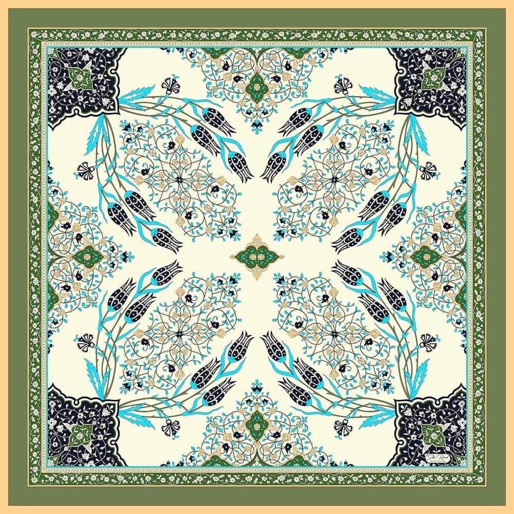 MIHRAB DESEN SATEN İPEK EŞARP - KETEN YEŞİLİ