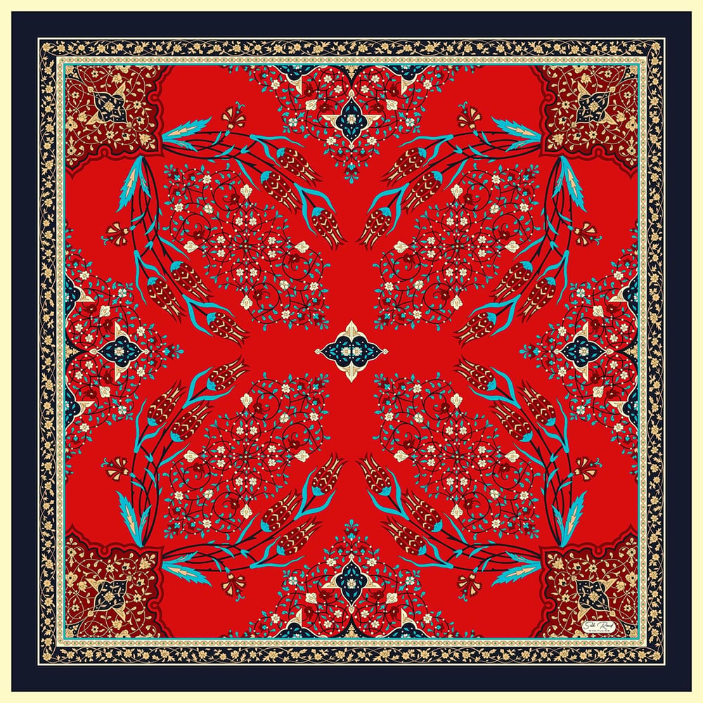 MIHRAB DESEN SATEN İPEK EŞARP - LACİVERT - KIRMIZI