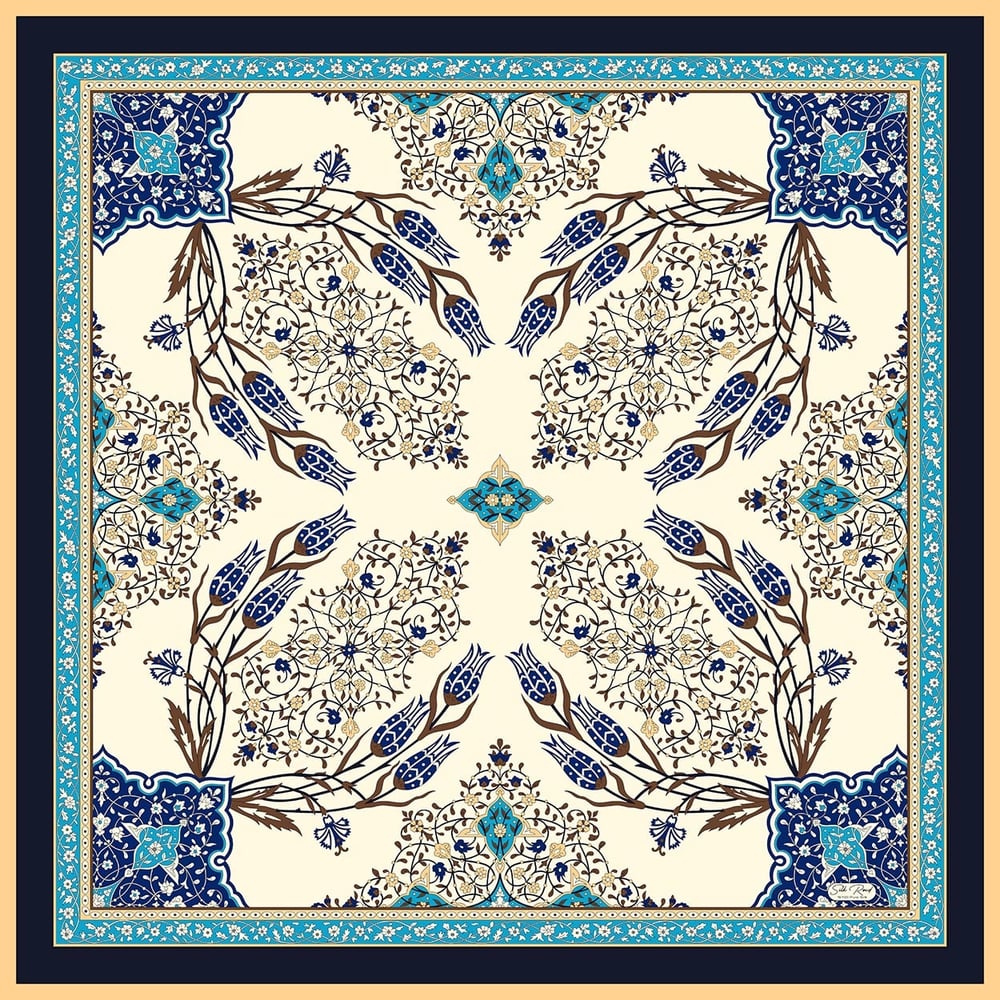 MIHRAB DESEN SATEN İPEK EŞARP - LACİVERT - TURKUAZ