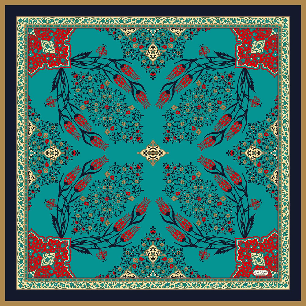 MIHRAB DESEN SATEN İPEK EŞARP - LACİVERT - AQUA