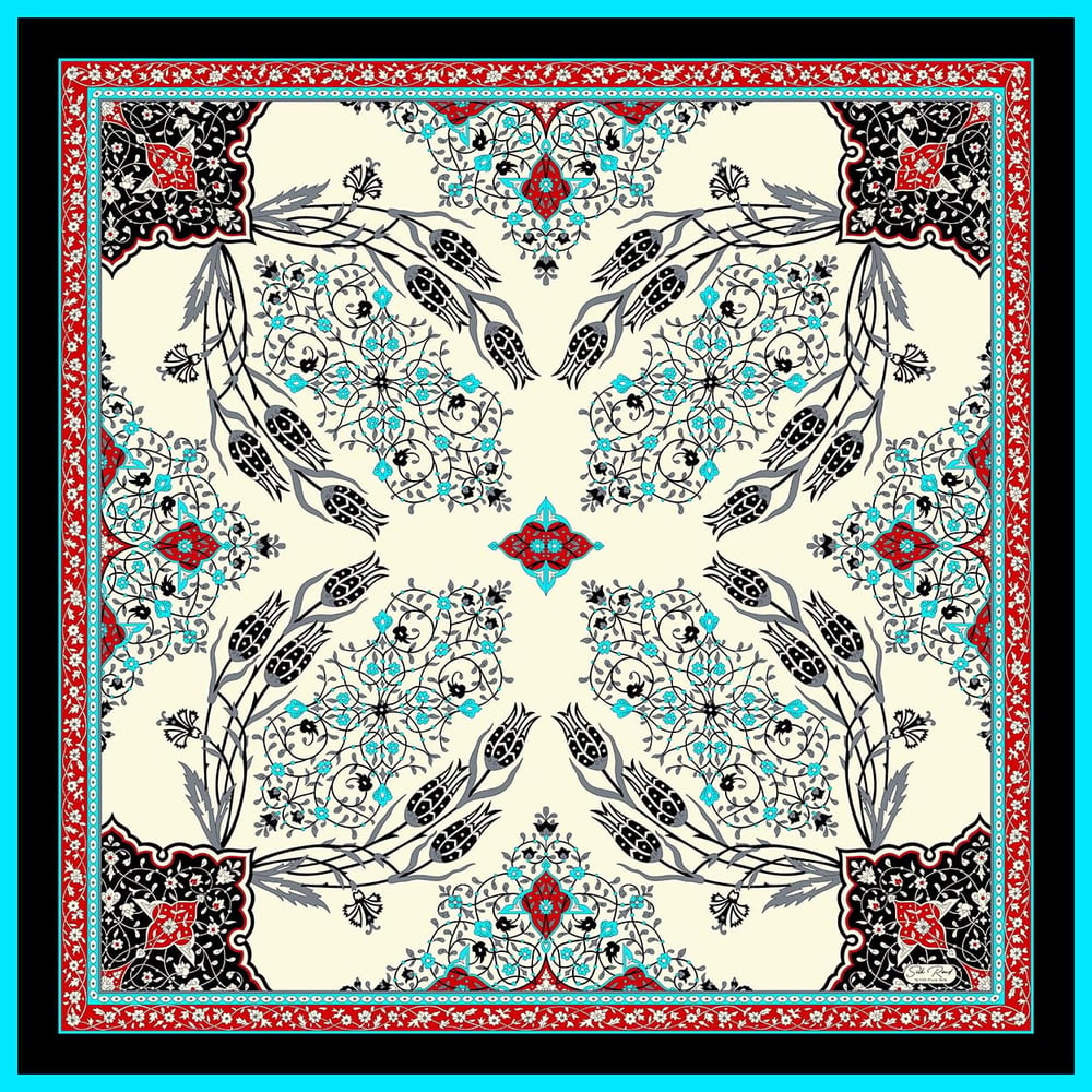 MIHRAB DESEN SATEN İPEK EŞARP - SİYAH - KREM