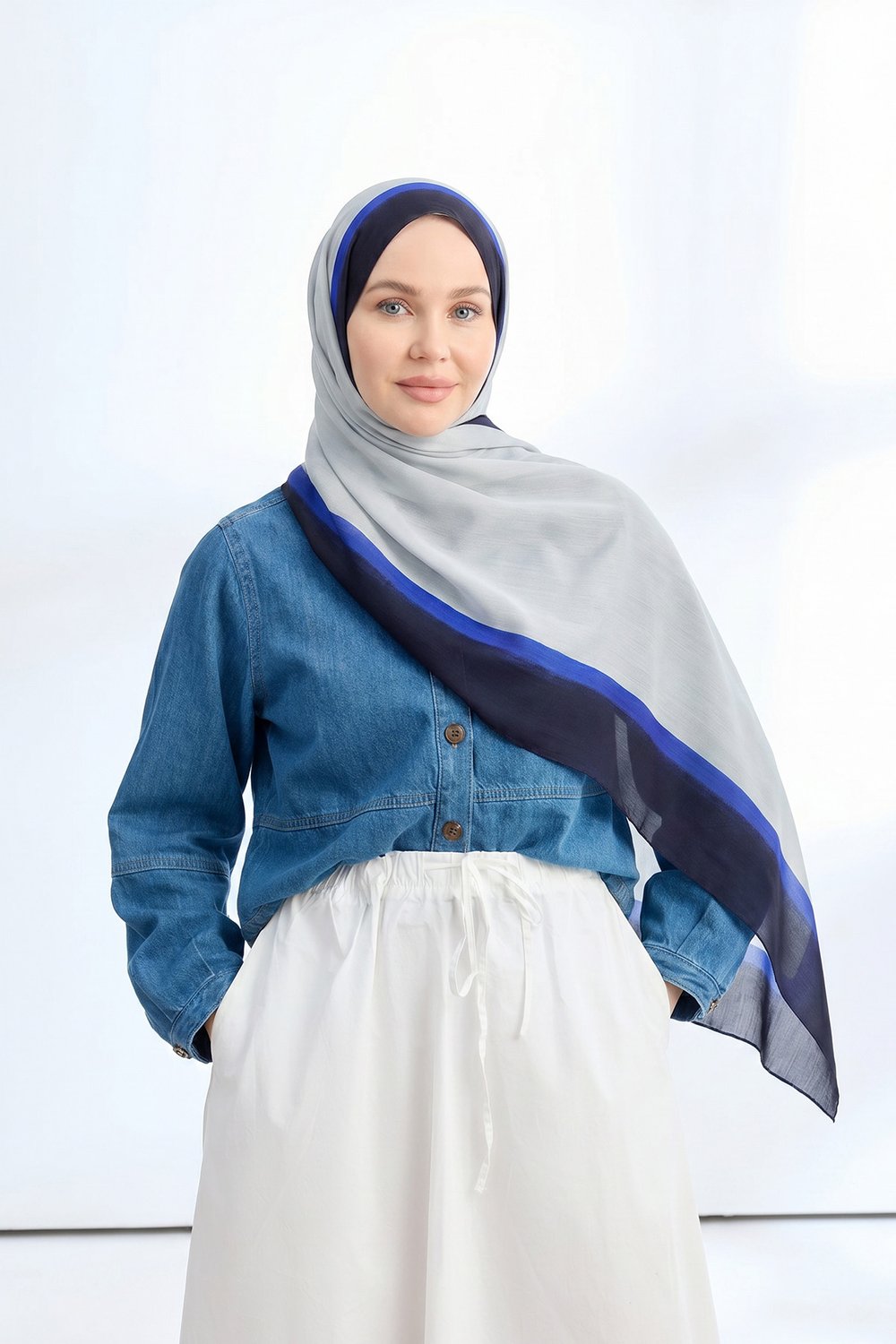 SOFT BLUSH FLOŞ VİSKON ŞAL - GRİ - LACİVERT