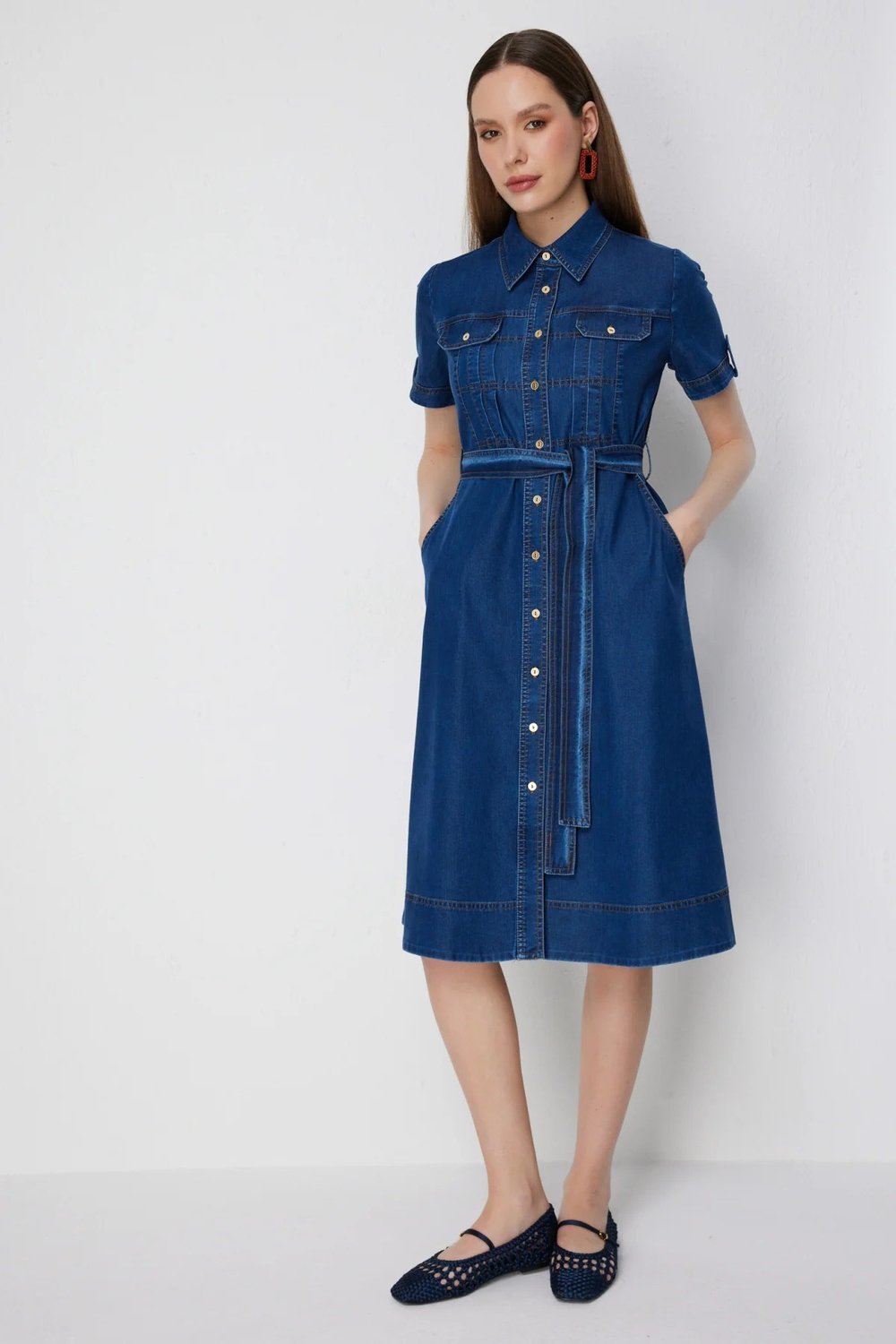 ElbiseEkol Beli Kuşaklı Denim Görünümlü Midi ElbiseEKOL5005706040