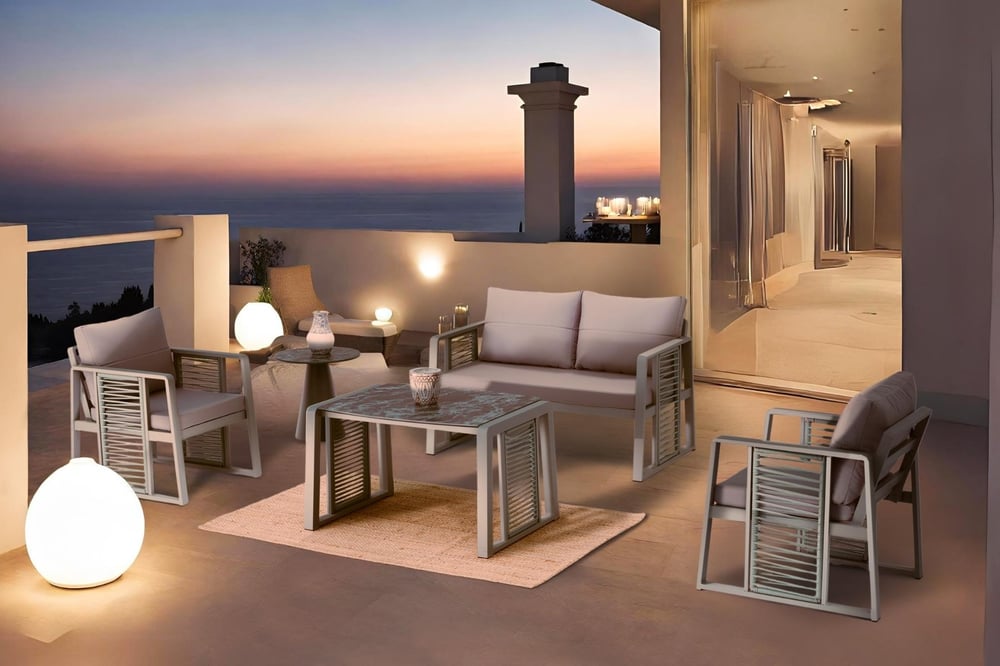 Modena Bahçe Balkon Alüminyum Oturma Grubu Yeşil 2+1+1+Seramik Sehpa Oturma Grupları  Erinöz