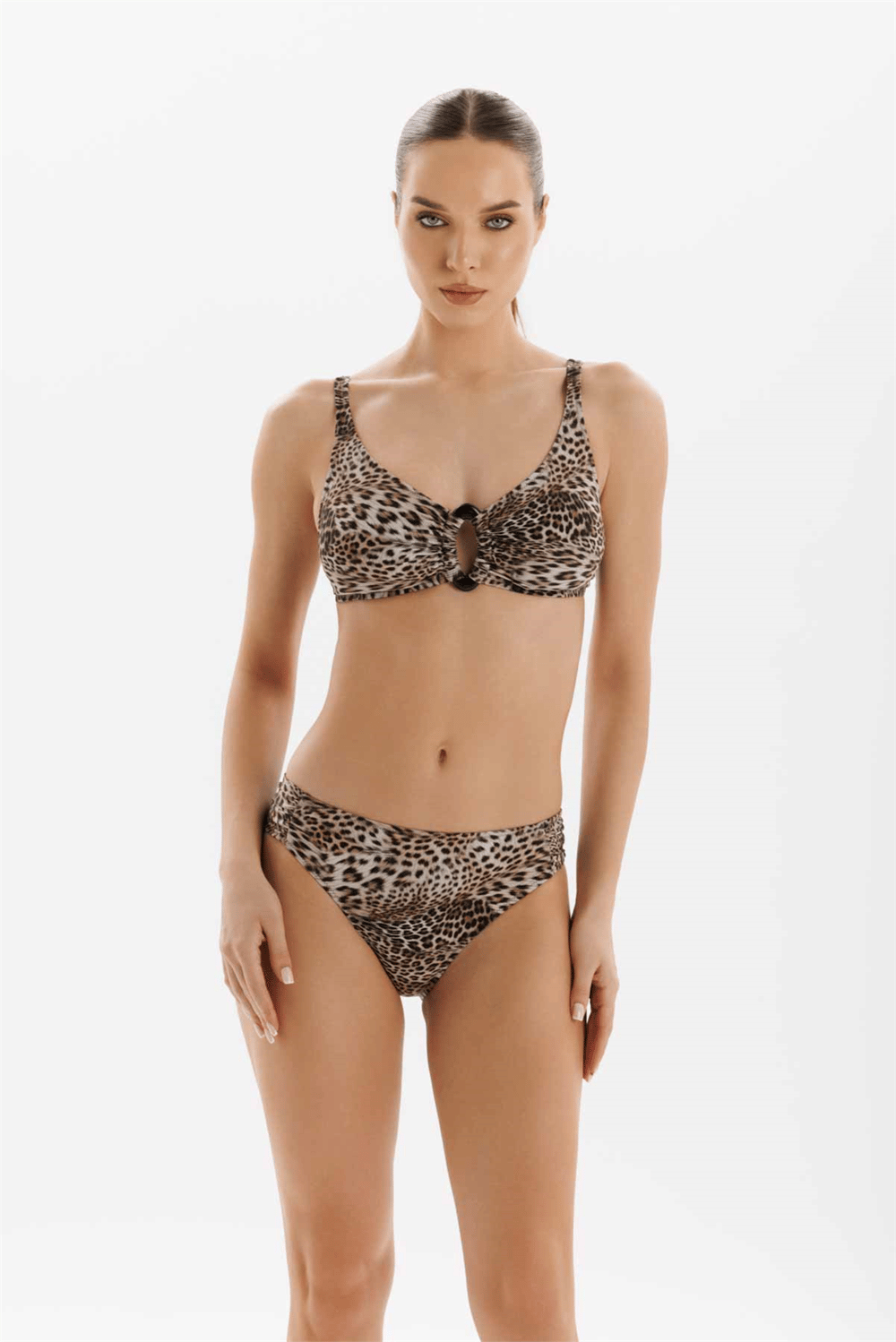 Leopar Desen Yuvarlak Taş Detay Kadın Bikini