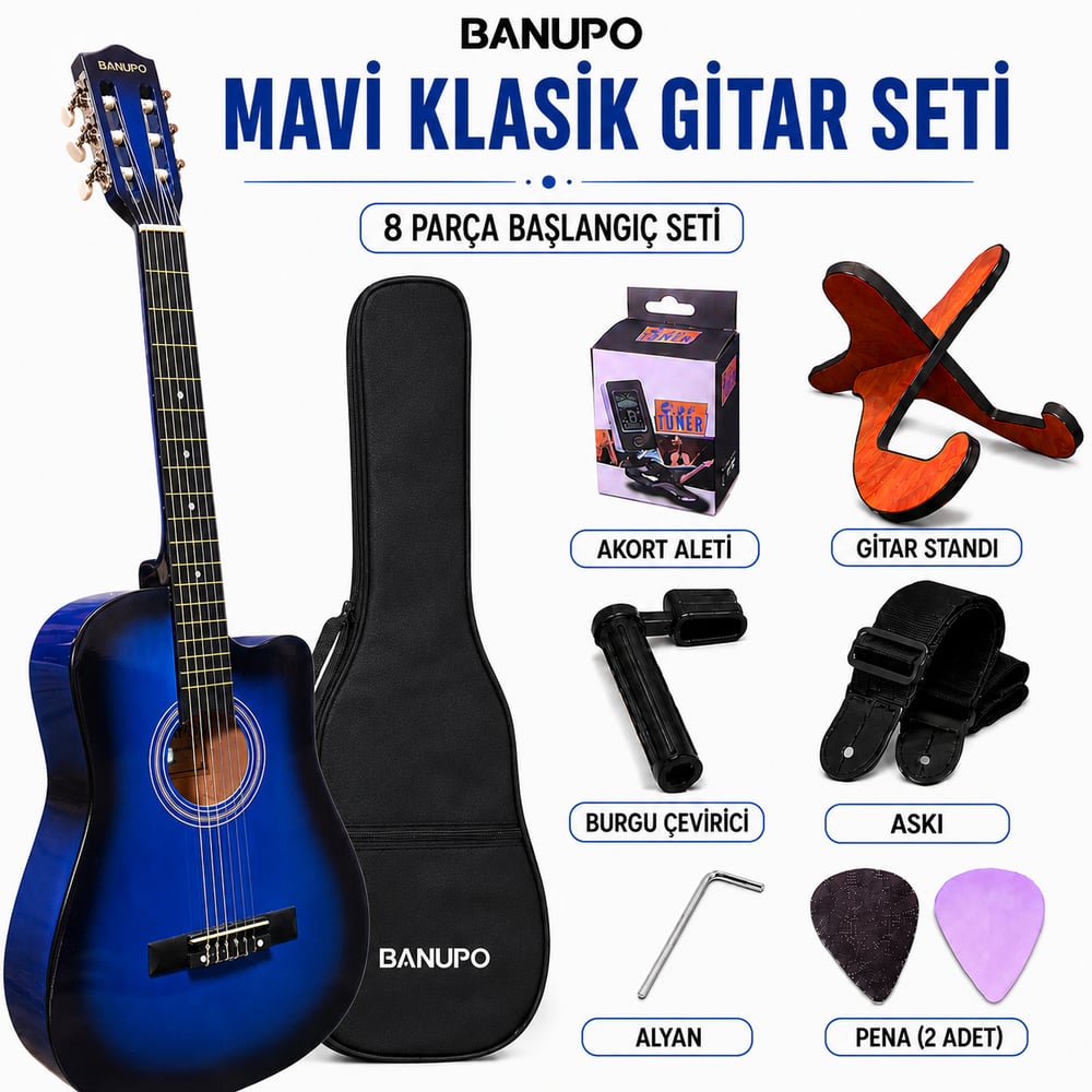 Banupo MG1BL Blue Klasik Gitar Başlangıç Seti (Gitar + Kılıf + Akort Aleti + Gitar Standı + Askı)