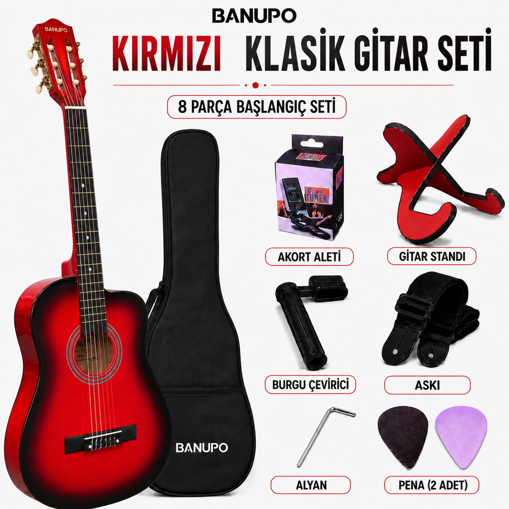Banupo MG1RB Red Black Klasik Gitar Başlangıç Seti (Gitar + Kılıf + Akort Aleti + Gitar Standı + Askı)
