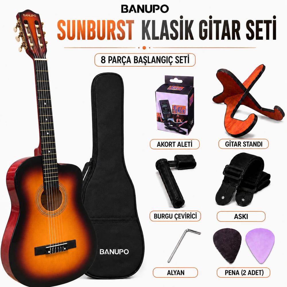Banupo MG1SB Sunburst Klasik Gitar Başlangıç Seti (Gitar + Kılıf + Akort Aleti + Gitar Standı + Askı)