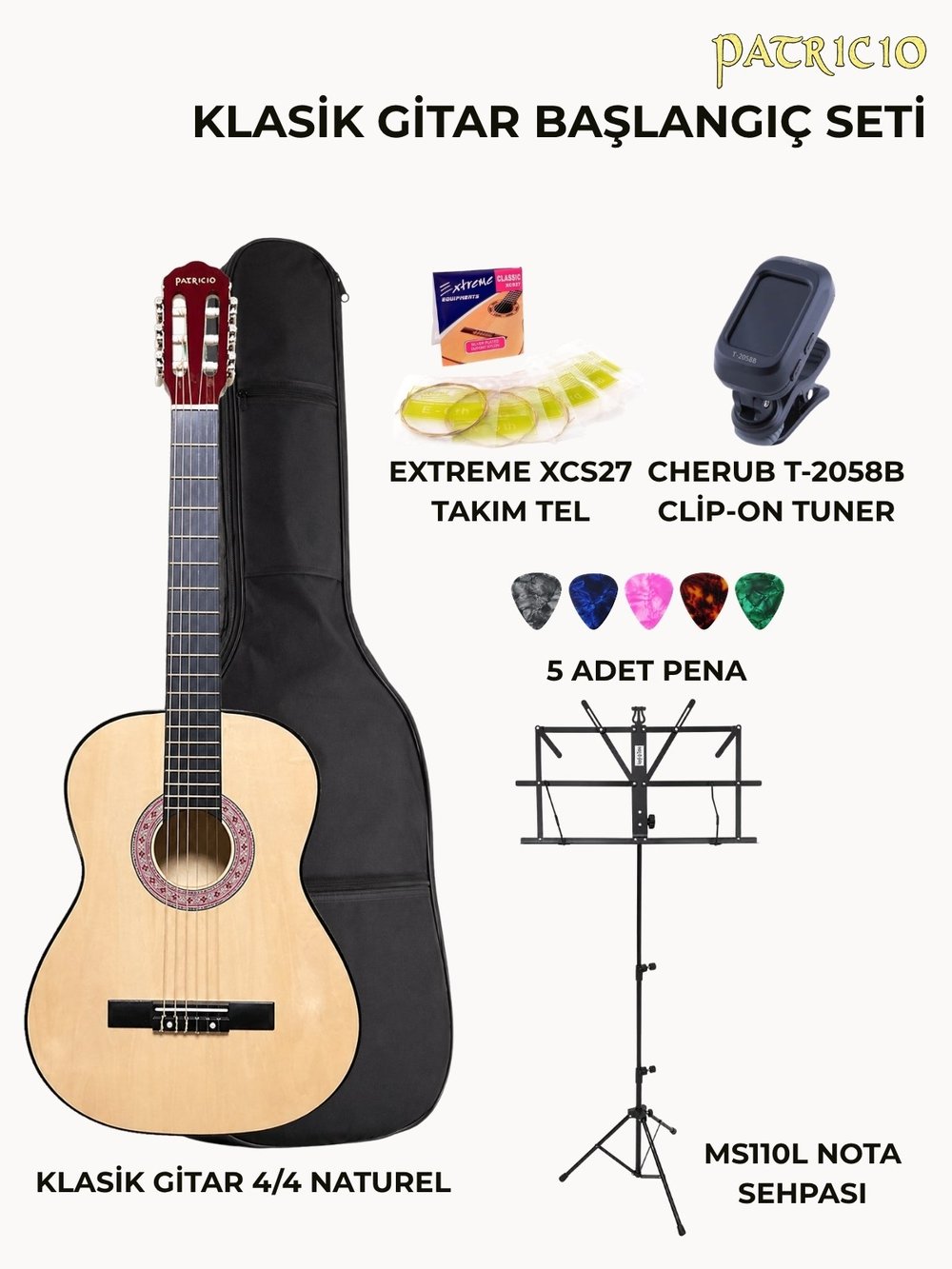 Patriccio PTNT Klasik Gitar (Naturel 4/4) Başlangıç Seti (Klasik Gitar + Yedek Tel + Pena + Kılıf + Nota Sehpası + Tuner)
