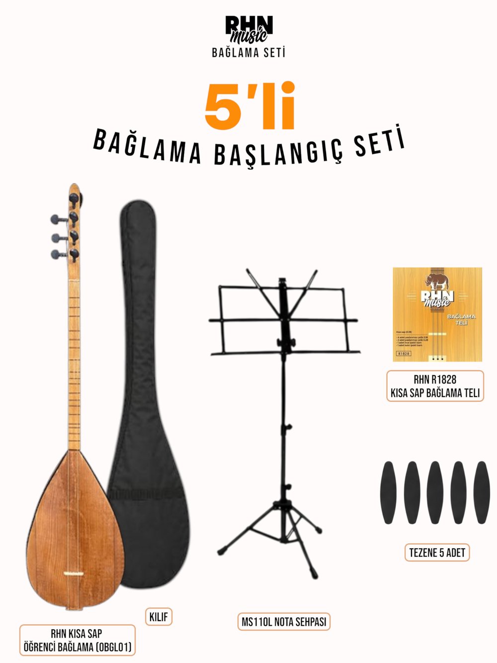 RHN Kısa Sap Öğrenci Bağlama (OBGL01) Başlangıç Seti (Bağlama + Nota Sehpası + Kılıf + Tezene + Yedek Tel)