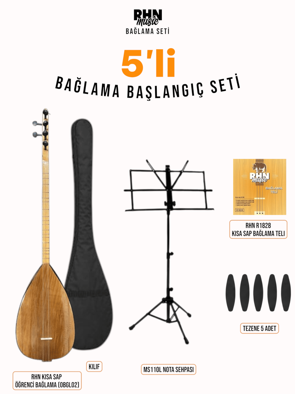 RHN Kısa Sap Öğrenci Bağlama (OBGL02) Başlangıç Seti (Bağlama + Nota Sehpası + Kılıf + Tezene + Yedek Tel)