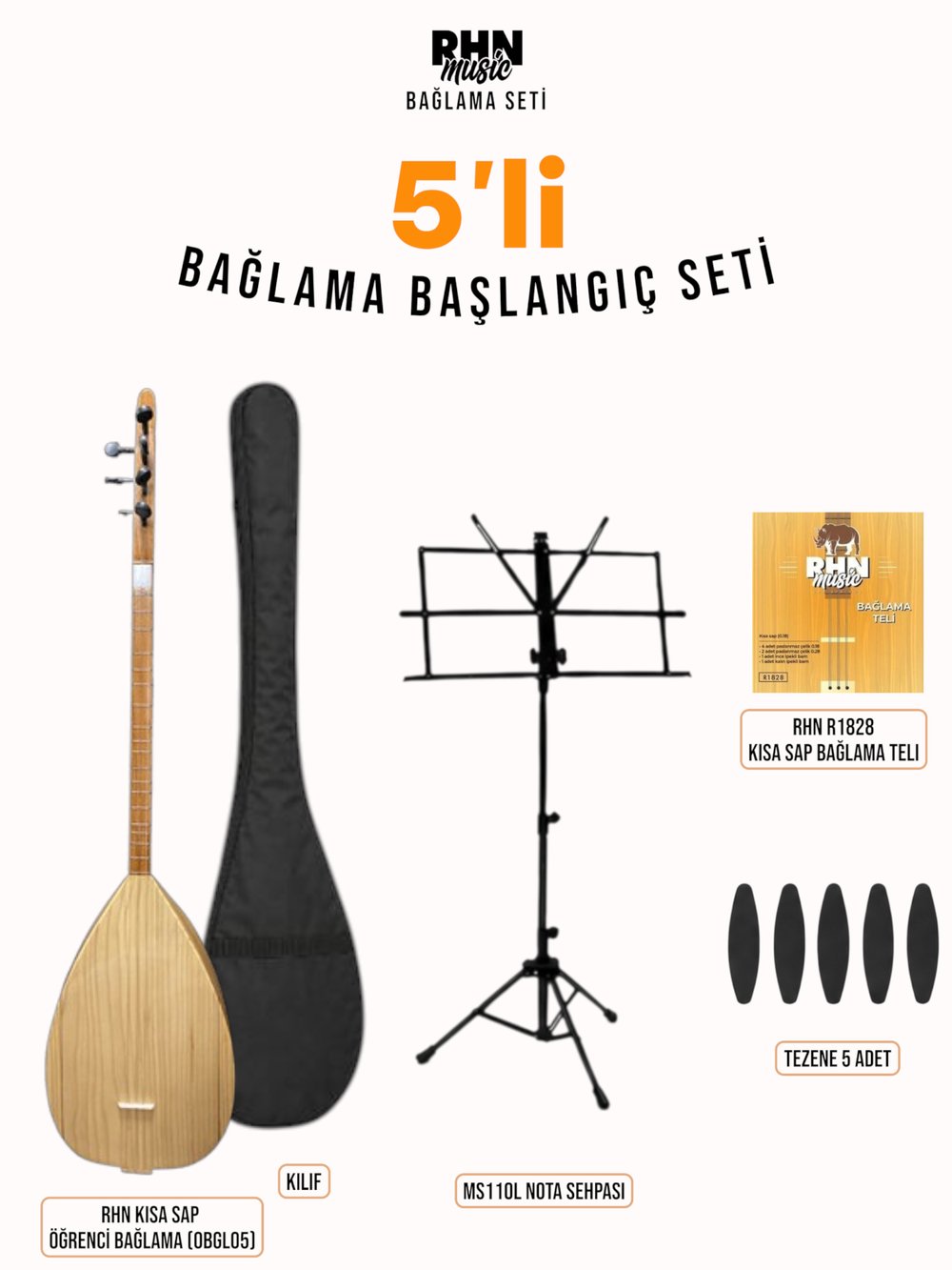 RHN Kısa Sap Öğrenci Bağlama (OBGL05) Başlangıç Seti (Bağlama + Nota Sehpası + Kılıf + Tezene + Yedek Tel)