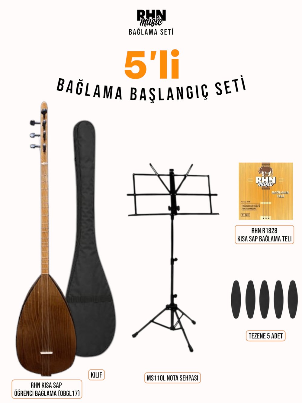 RHN Kısa Sap Öğrenci Bağlama (OBGL17) Başlangıç Seti (Bağlama + Nota Sehpası + Kılıf + Tezene + Yedek Tel)