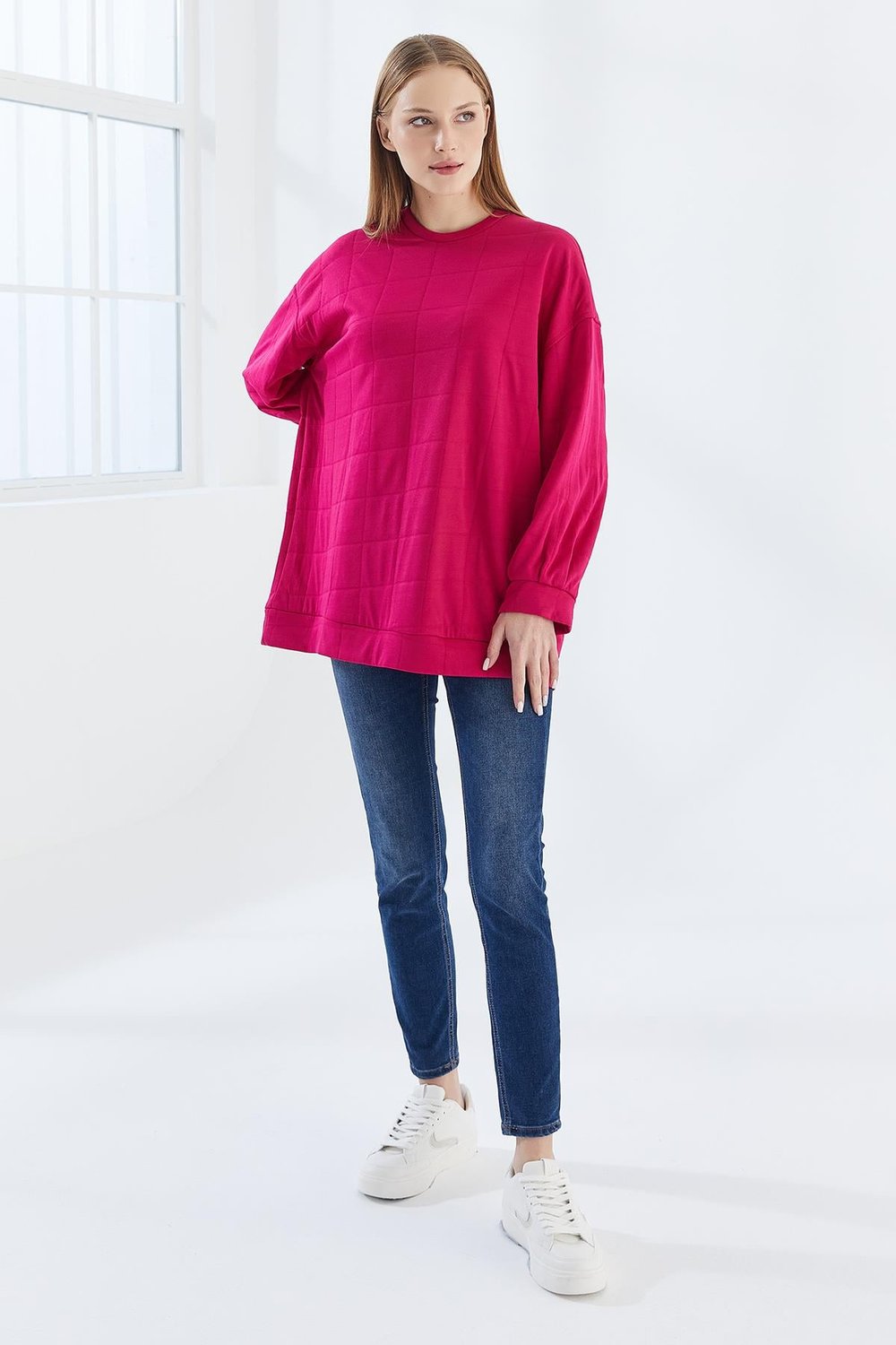 DADALİ Pile Detaylı Kare Desen Sweat Fuşya
