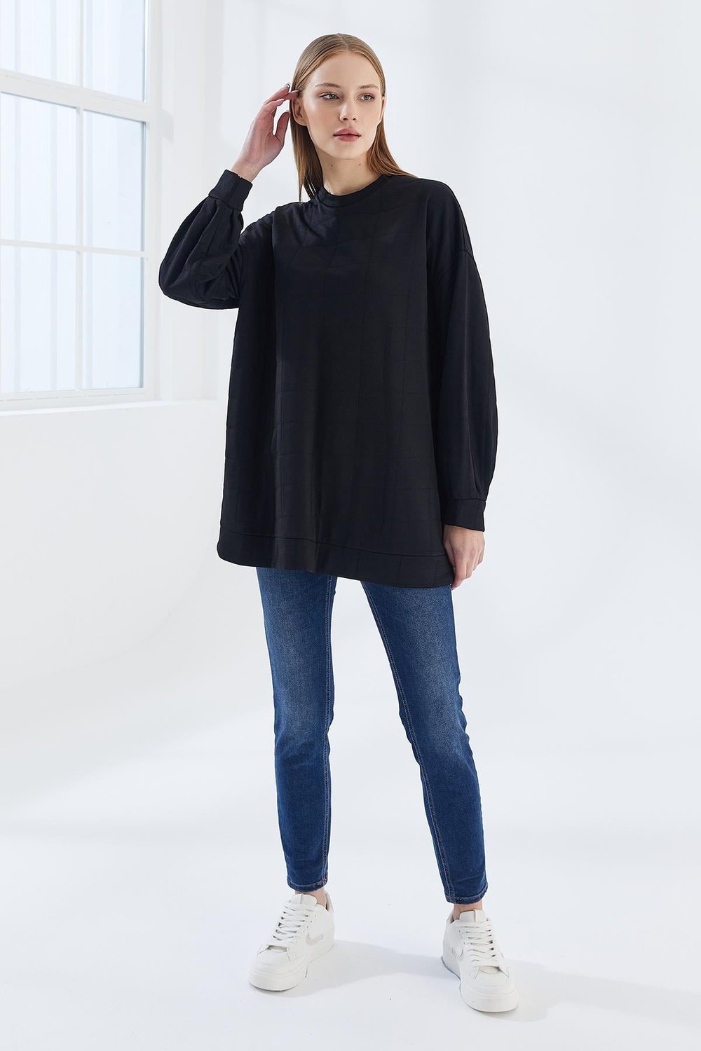 DADALİ Pile Detaylı Kare Desen Sweat Siyah