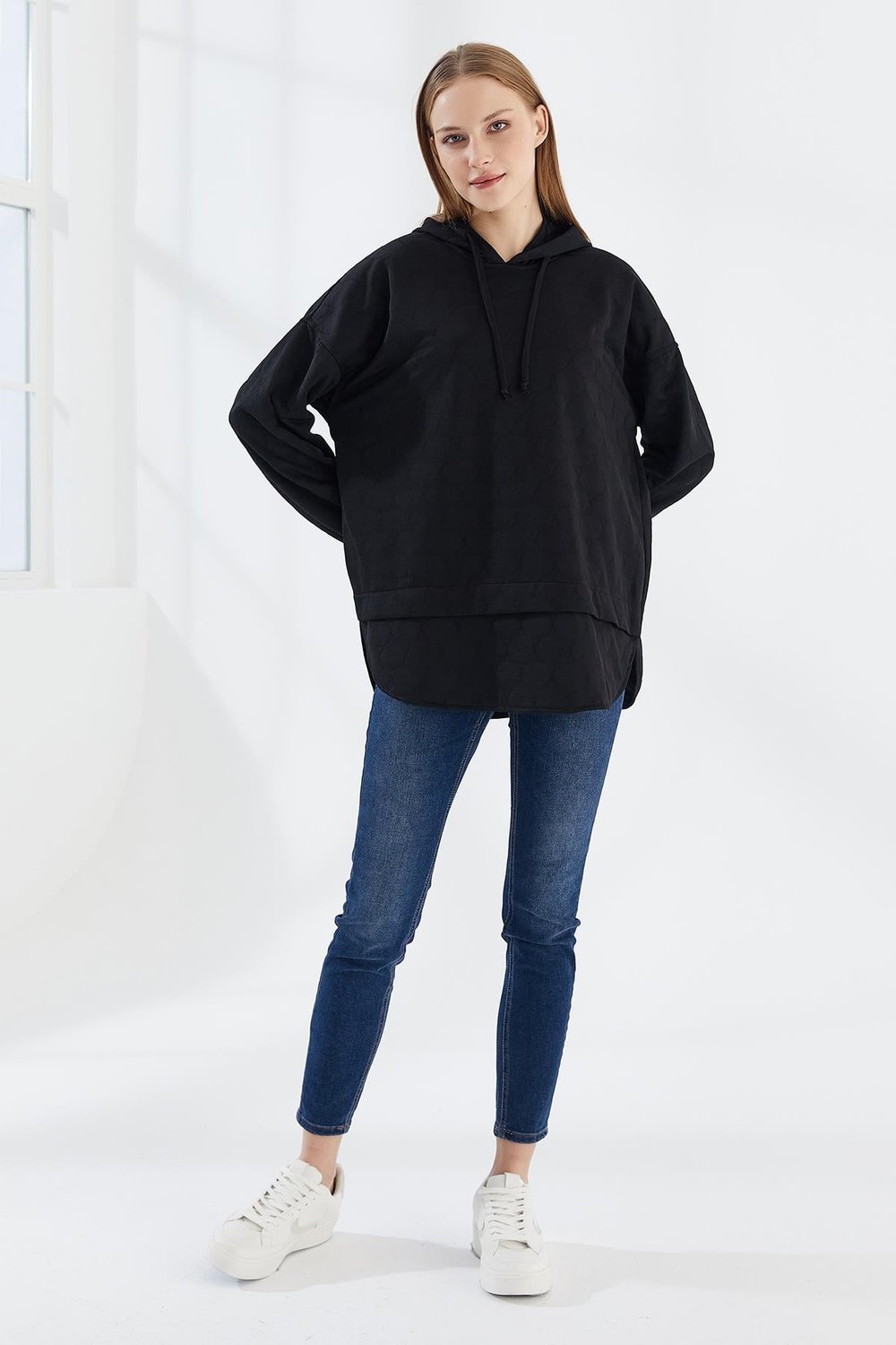 DADALİ Yuvarlak Desen Kapüşonlu Sweat Siyah