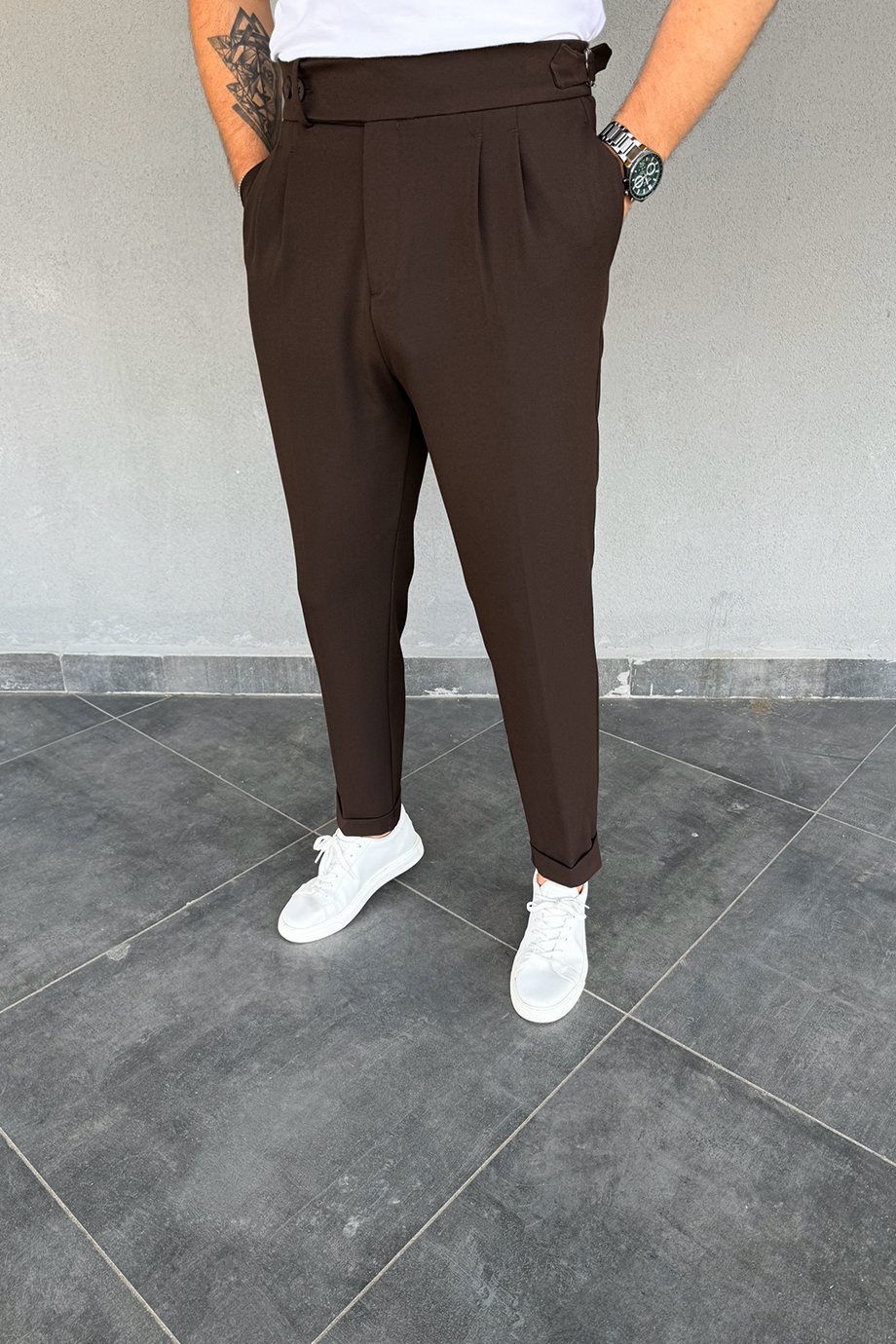 ACI KAHVE İTALYAN KESİM BEL DÜĞME VE KEMER DETAYLI PANTALON