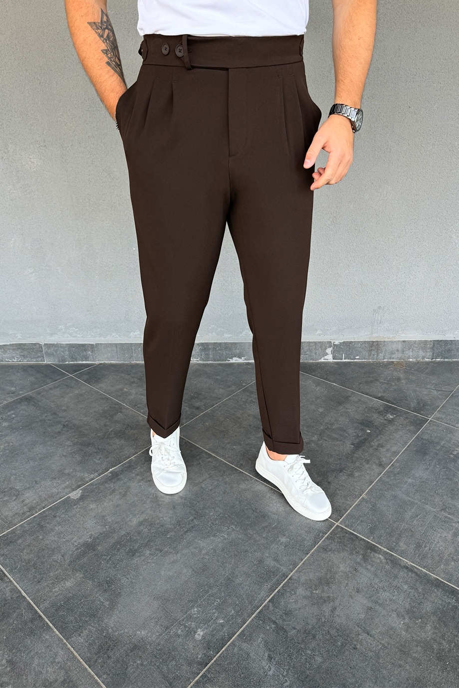 ACI KAHVE İTALYAN KESİM BEL DÜĞME VE KEMER DETAYLI PANTALON