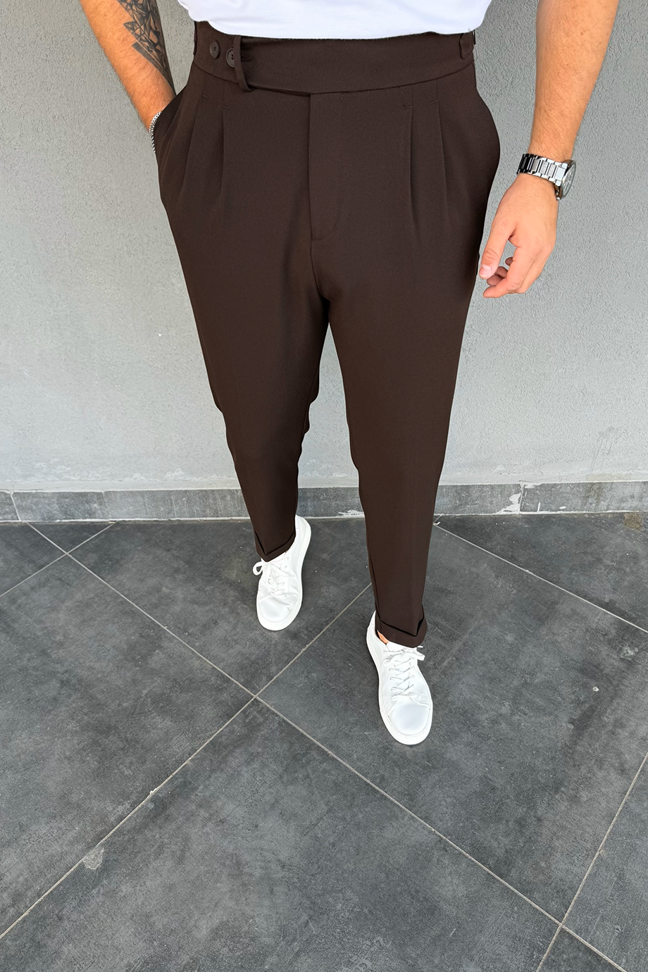 ACI KAHVE İTALYAN KESİM BEL DÜĞME VE KEMER DETAYLI PANTALON